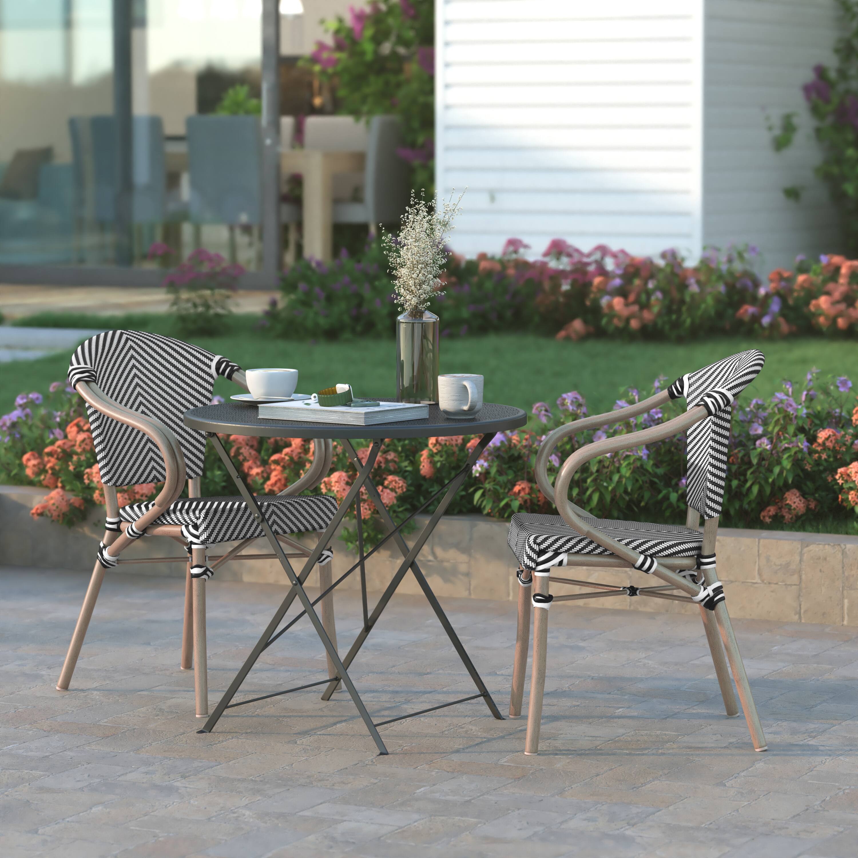 Alt View 4. Emma + Oliver - 2 Pack Stacking Bistro Chair with Bamboo Print Metal Frame - Black & White/Light Natural Frame.