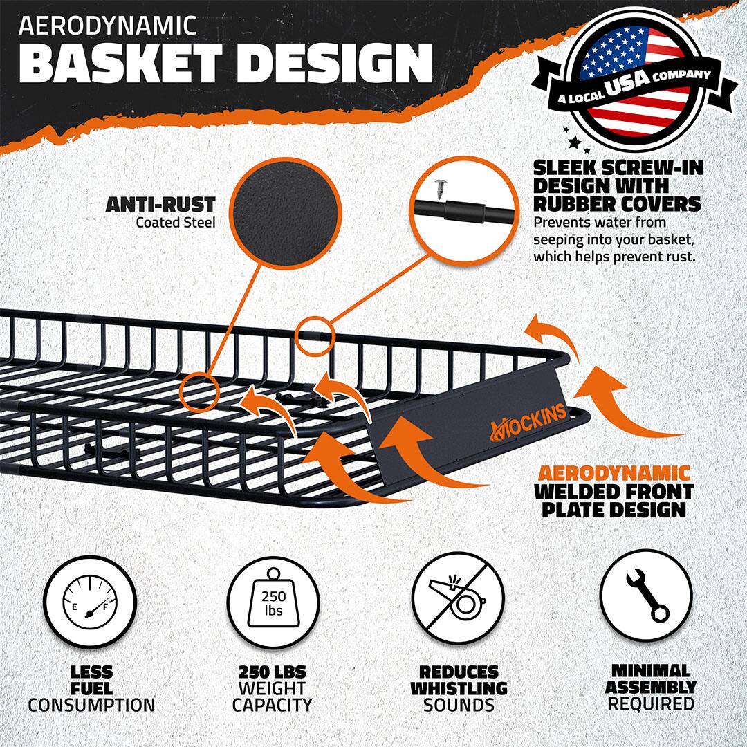 AERODYNAMIC BASKET DESIGN

- A LOCAL USA COMPANY

ANTI-RUST Coated Steel

SLEEK SCREW-IN DESIGN WITH RUBBER COVERS
Prevents water from seeping into your basket, which helps prevent rust.

AERODYNAMIC WELDED FRONT PLATE DESIGN

LESS FUEL CONSUMPTION

250 LBS WEIGHT CAPACITY

REDUCES WHISTLING SOUNDS

MINIMAL ASSEMBLY REQUIRED