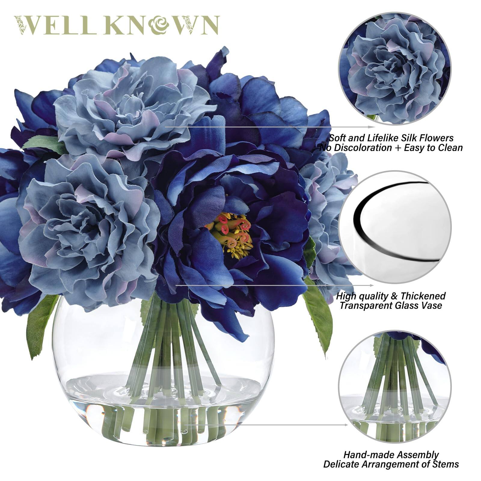 WELL KNOWN

- Soft and Lifelike Silk Flowers
- No Discoloration + Easy to Clean
- High quality & Thickened Transparent Glass Vase
- Hand-made Assembly
- Delicate Arrangement of Stems