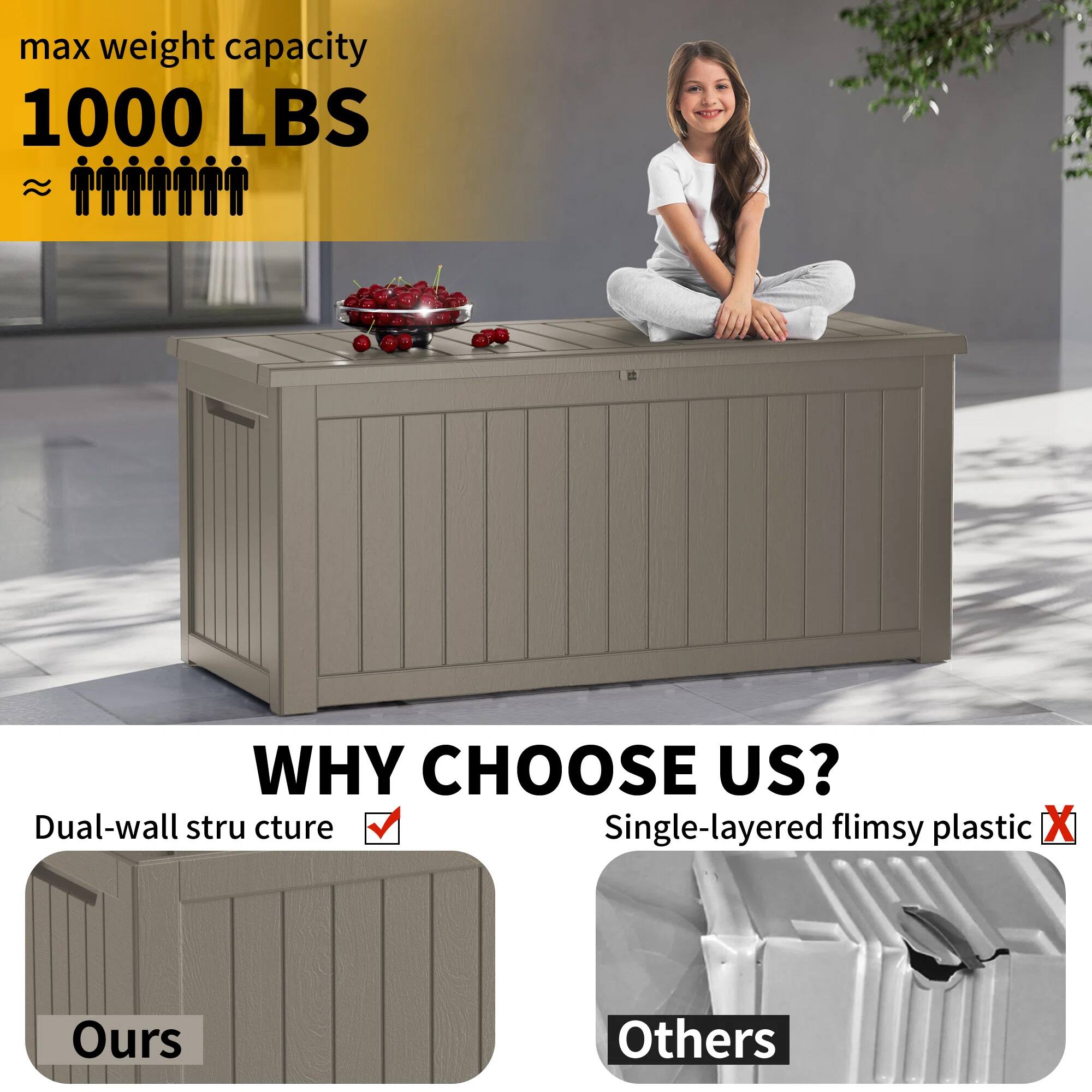 max weight capacity  
1000 LBS  

WHY CHOOSE US?  
Dual-wall structure ✔️  
Single-layered flimsy plastic ❌  

Ours  
Others