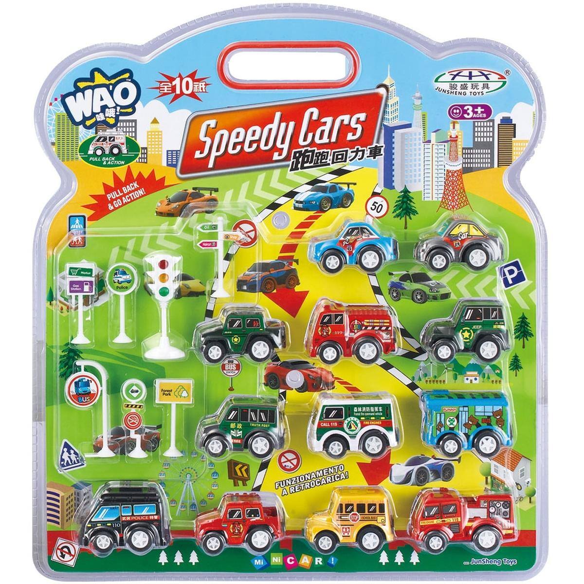 WAQ  
Speedy Cars  
PULL BACK & GO ACTION!  
PULL BACK L'ACTION!  
PULL BACK ACTION! & GO  
JUNSHENG TOYS  
3 AGES  
FUN ACTION!  
ZIONAMENTO RETROCARICA!  
CALL 119  
POLICE  
BUS  
PARK  
FUN ACTION!  
JUNSHENG TOYS