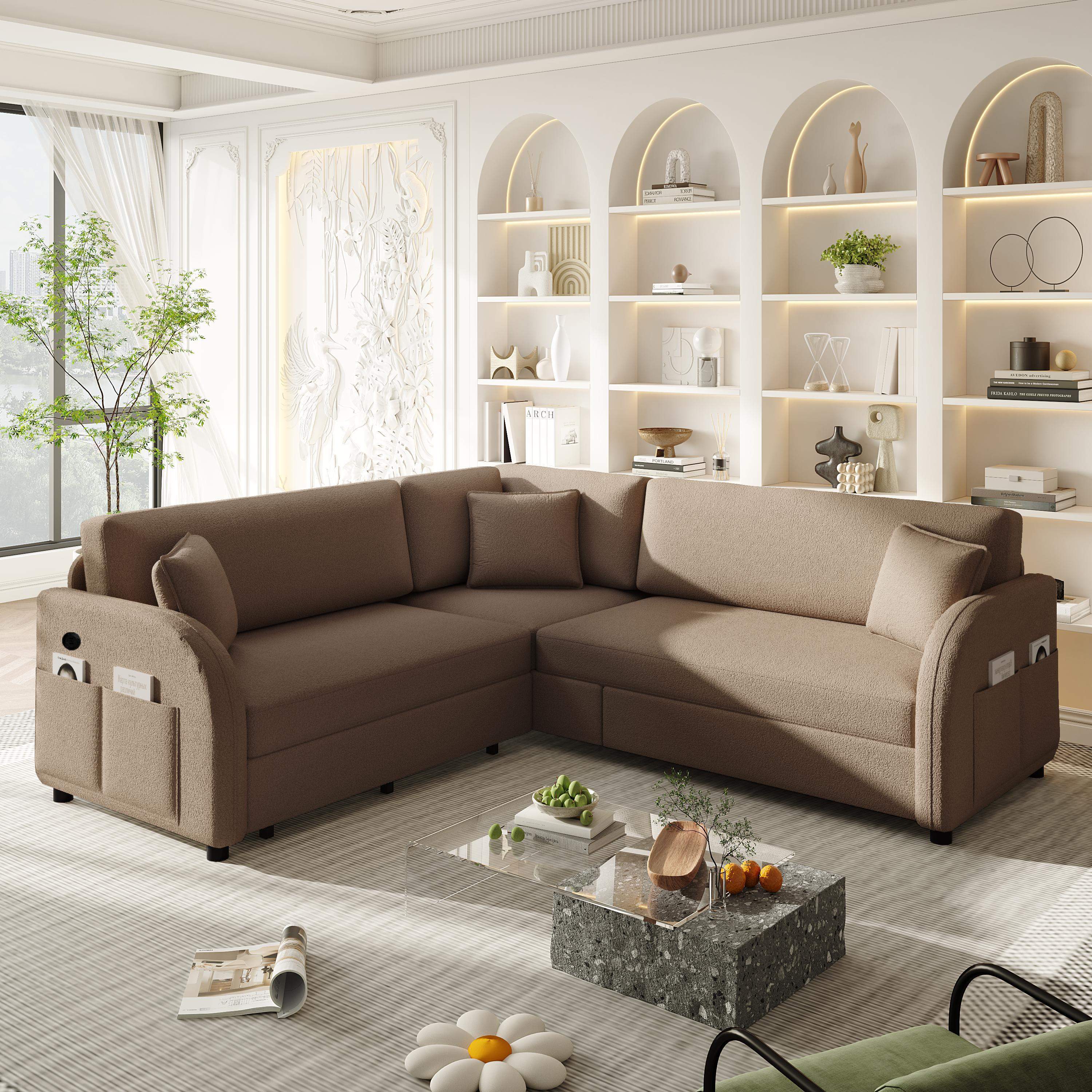 Back. LOVMOR - 85.1 inch LShaped Sofa Couch with PullOut BedOversize Convertible Sleeper Sofa with side Pocket USB PortTeddy - Brown.