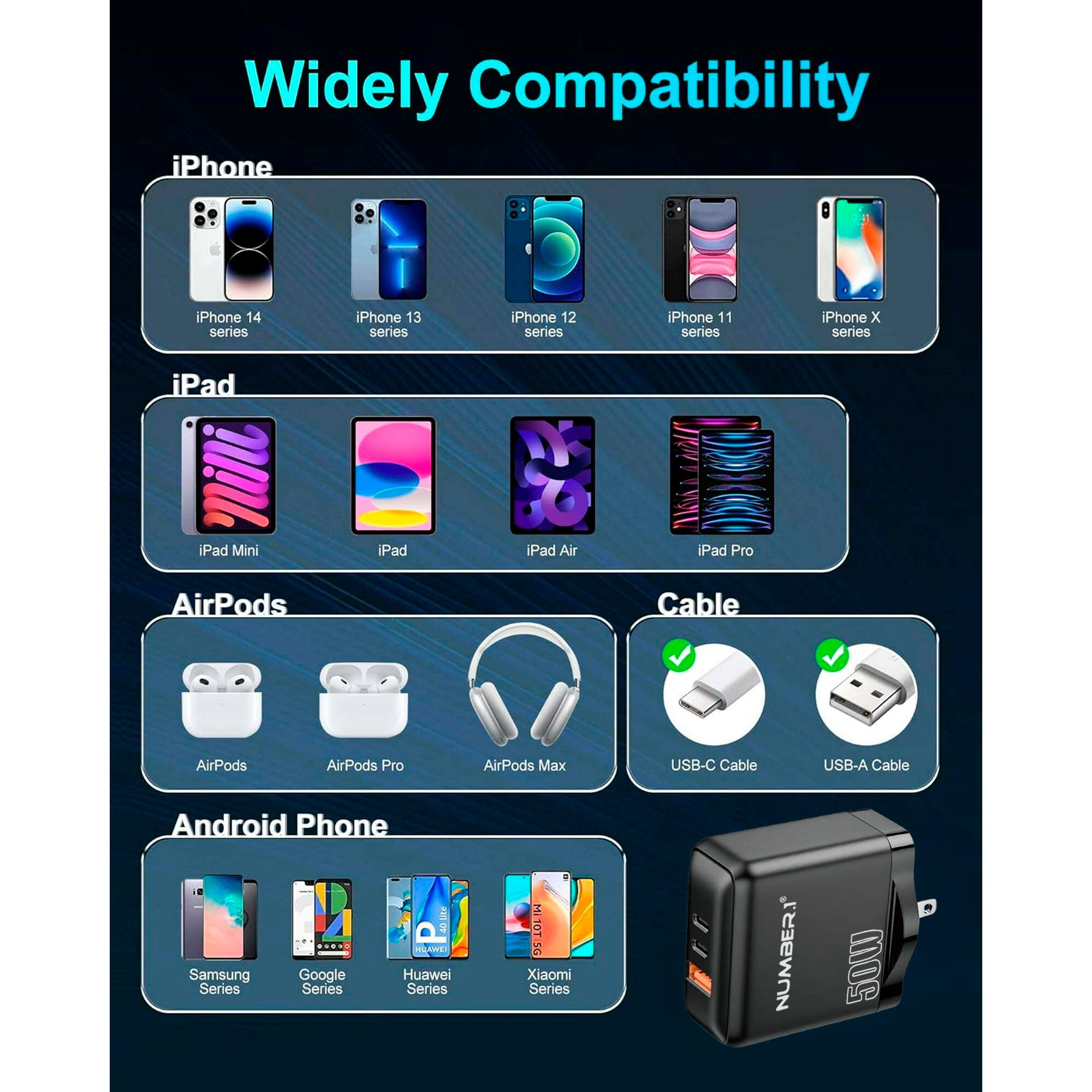 Widely Compatibility

iPhone
- iPhone 14 series
- iPhone 13 series
- iPhone 12 series
- iPhone 11 series
- iPhone X series

iPad
- iPad Mini
- iPad
- iPad Air
- iPad Pro

AirPods
- AirPods
- AirPods Pro
- AirPods Max

Cable
- USB-C Cable
- USB-A Cable

Android Phone
- Samsung Series
- Google Series
- Huawei Series
- Xiaomi Series

NUMBERI 50W