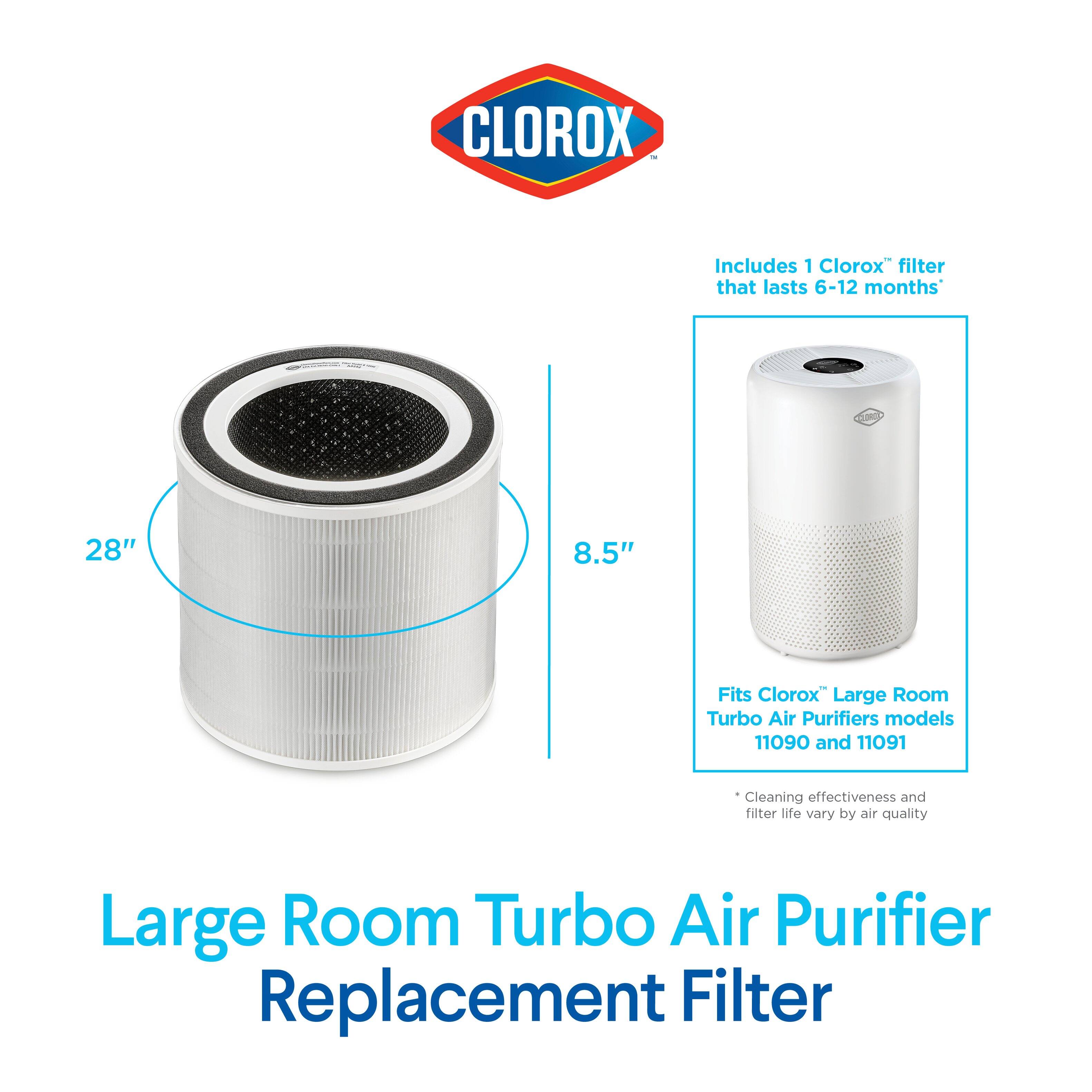 CLOROX  
Includes 1 Clorox® filter that lasts 6-12 months  
28"  
8.5"  
Fits Clorox® Large Room Turbo Air Purifiers models 11090 and 11091  
Cleaning effectiveness and filter life vary by air quality  
Large Room Turbo Air Purifier Replacement Filter