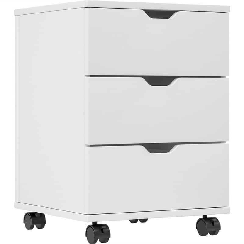 HTUTWOO - 3-Drawer Vertical Filing Cabinet - Rolling Wood Mobile File Cabinet, Under Desk Design, With Casters, Non-Assembled - White