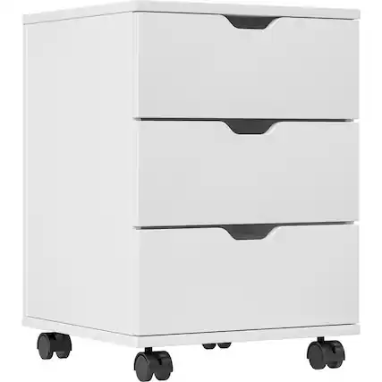 Front. HTUTWOO - 3-Drawer Vertical Filing Cabinet - Rolling Wood Mobile File Cabinet, Under Desk Design, With Casters, Non-Assembled - White.