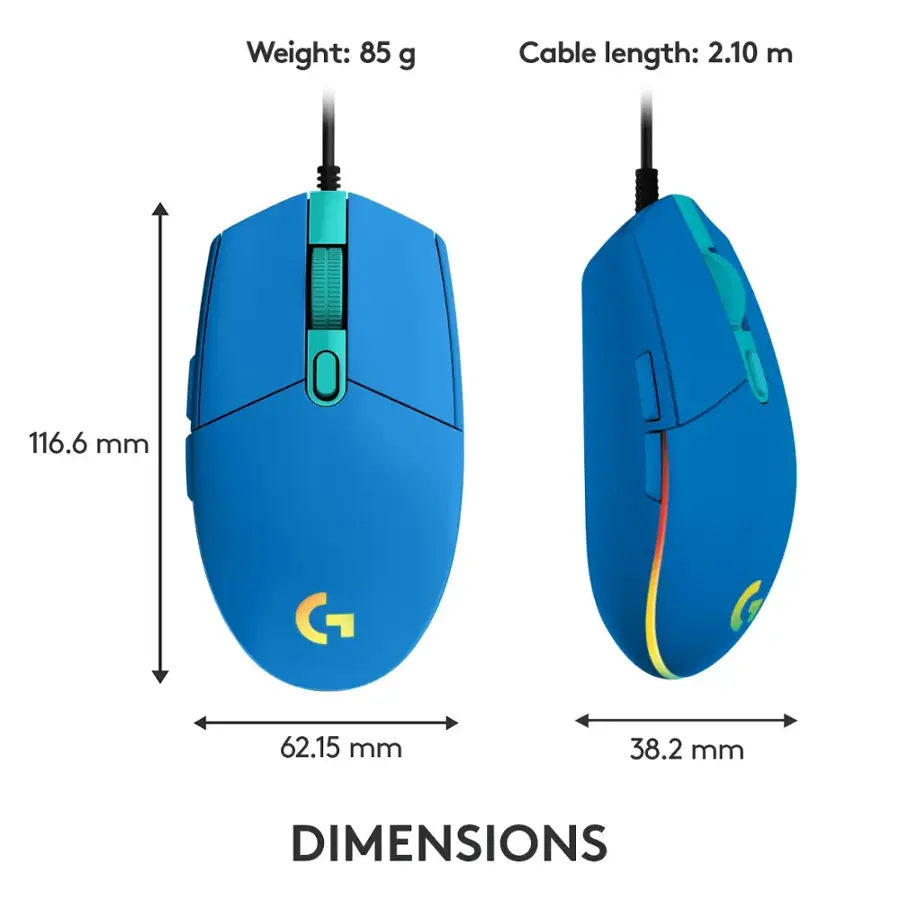 Weight: 85 g Cable length: 2.10 m E 116.6 mm G 62.15 mm 38.2 mm Dimensions