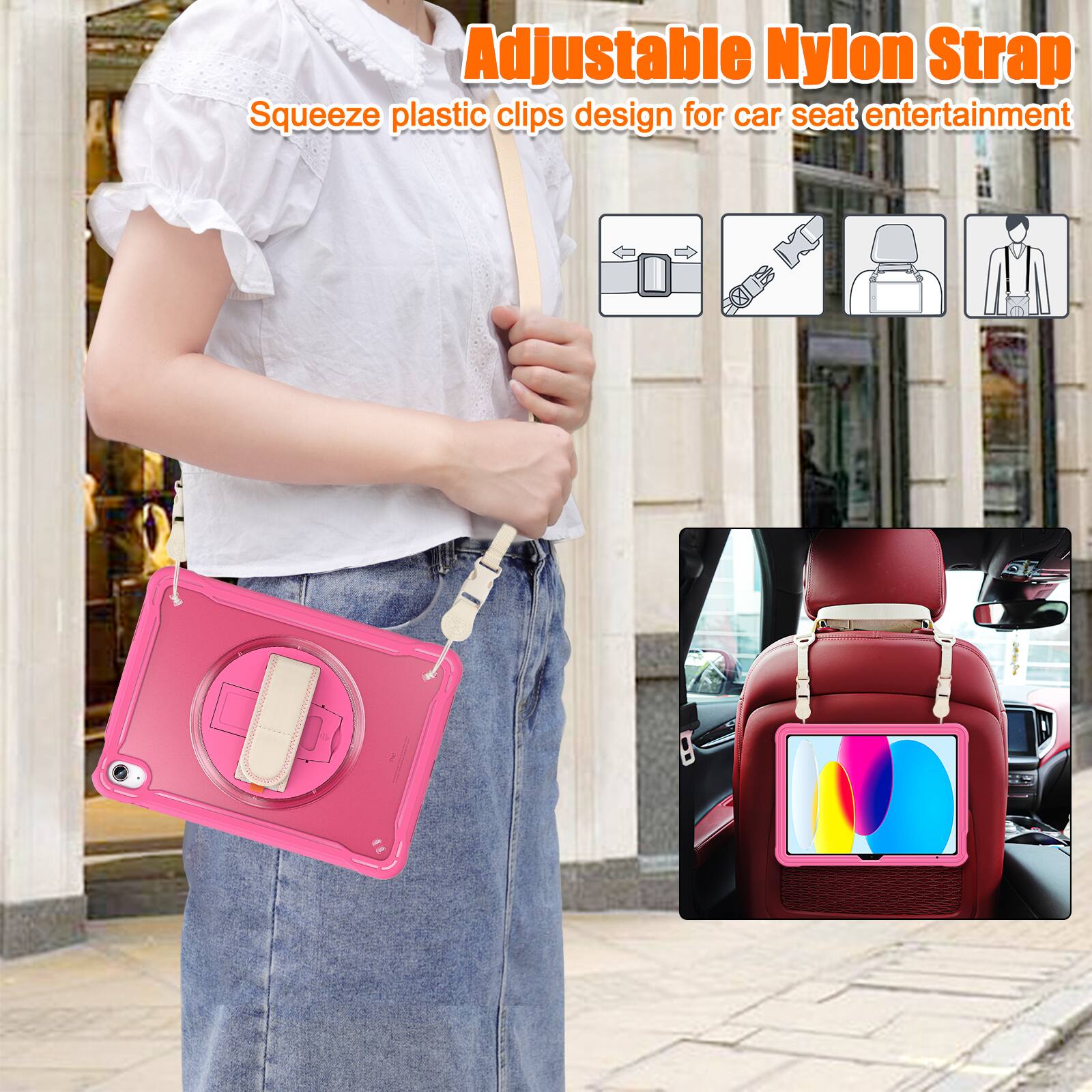 Adjustable Nylon Strap  
Squeeze plastic clips design for car seat entertainment