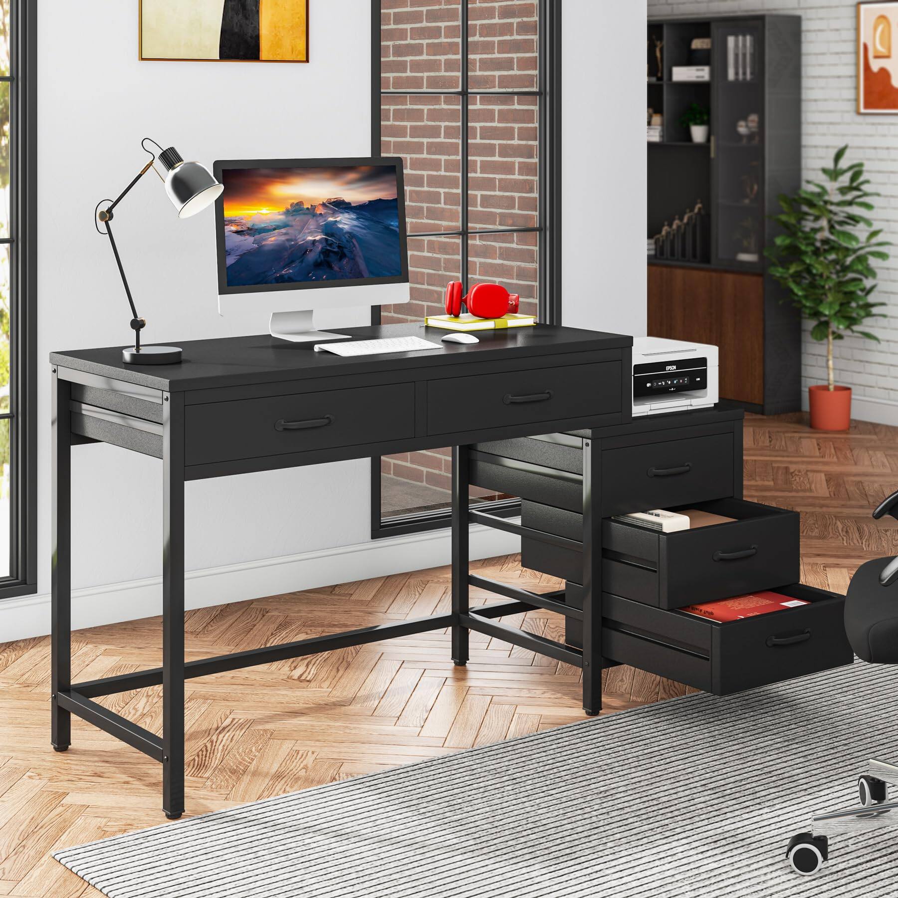 Tribesigns Computer Desk with 5 Drawers, Reversible Home Office Desks ...