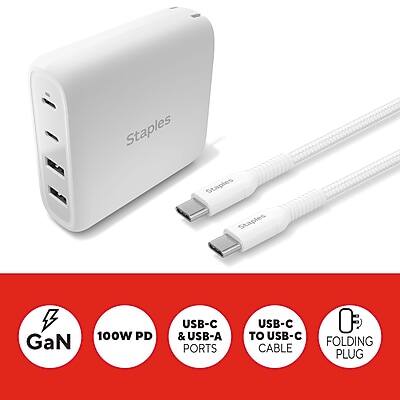 Staples GaN 100W PD USB-C & USB-A Ports USB-C to USB-C Folding Cable Plug

- USB-C & USB-A Ports
- USB-C to USB-C Cable
- Folding Plug