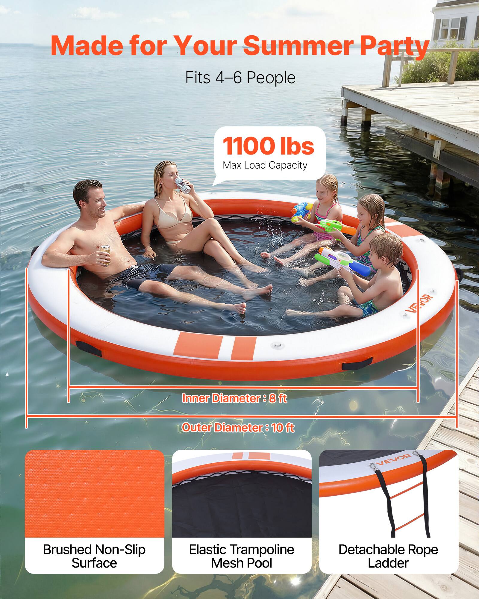 Made for Your Summer Party  
Fits 4-6 People  
1100 lbs Max Load Capacity  

Inner Diameter: 8 ft  
Outer Diameter: 10 ft  

VEVOR  
Brushed Non-Slip Surface  
Elastic Trampoline Mesh Pool  
Detachable Rope Ladder