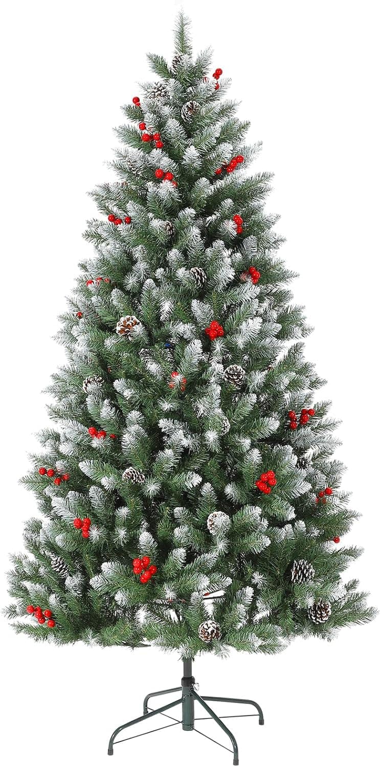 Front. GARVEE - 7FT Snow Flocked Christmas Tree with Red Berries, 850 Tips PE PVC Ideal Holiday Christmas Tree Home Office - Green 7ft.
