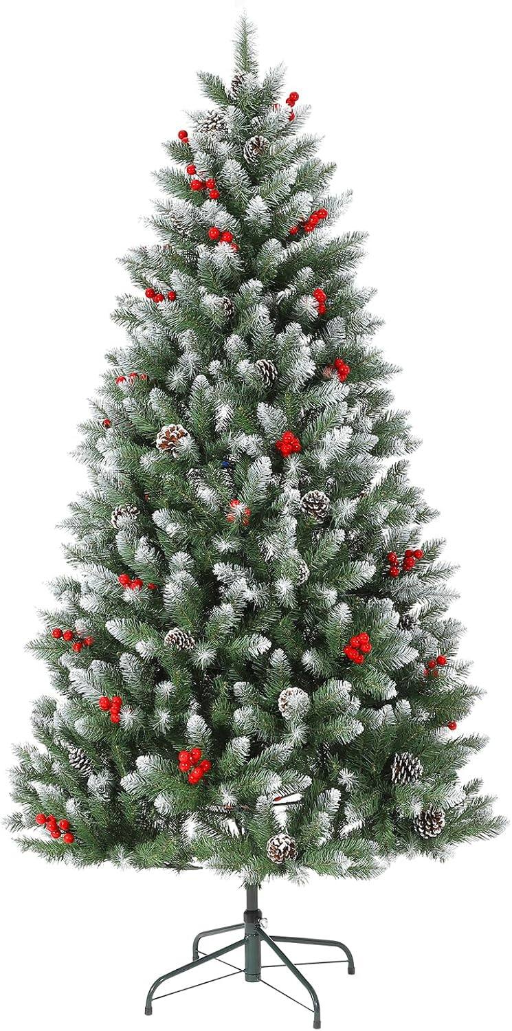 Front. GARVEE - 7FT Snow Flocked Christmas Tree with Red Berries, 850 Tips PE PVC Ideal Holiday Christmas Tree Home Office - Green 7ft.