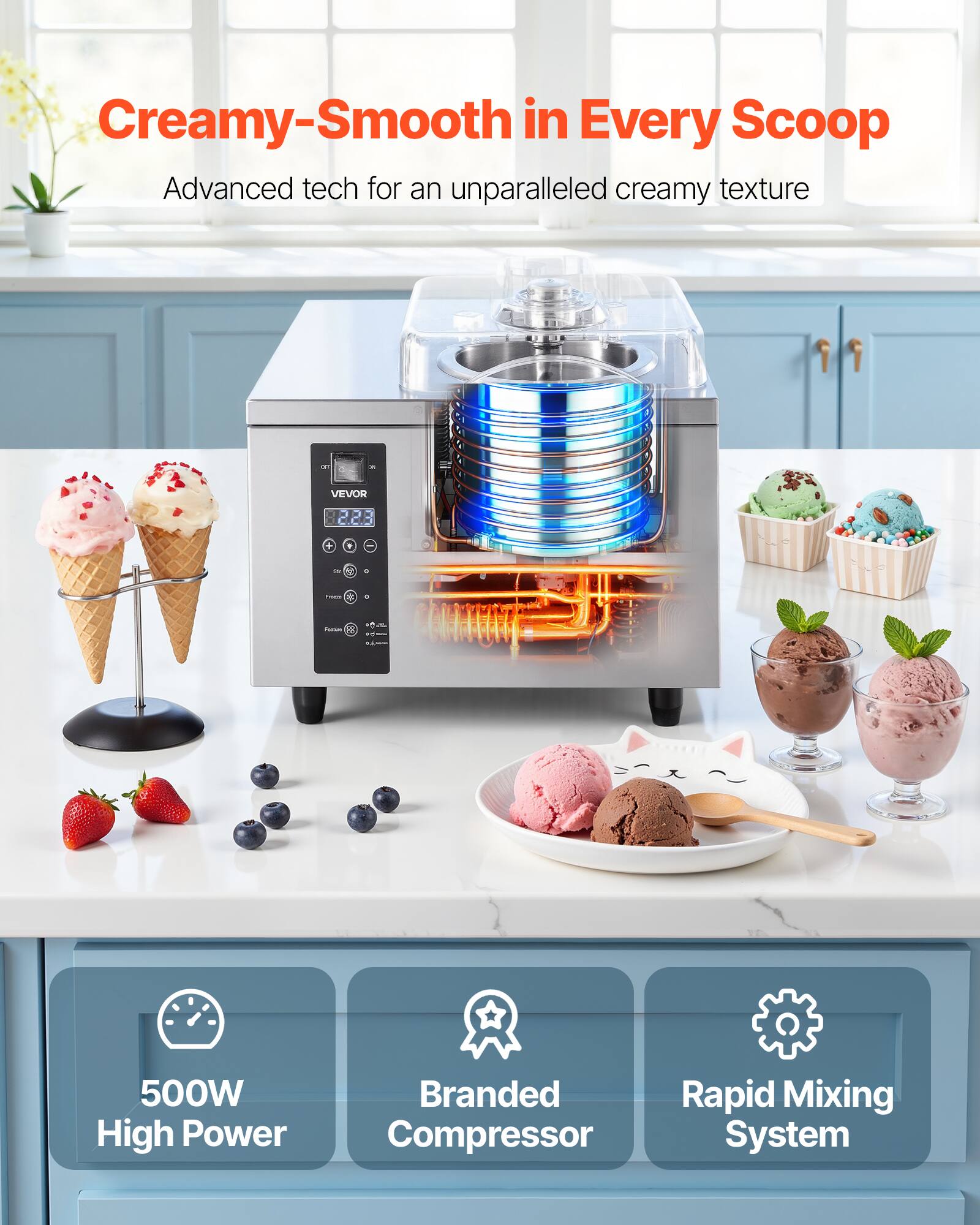 Creamy-Smooth in Every Scoop  
Advanced tech for an unparalleled creamy texture

VEVOR

500W High Power  
Branded Rapid Mixing Compressor System