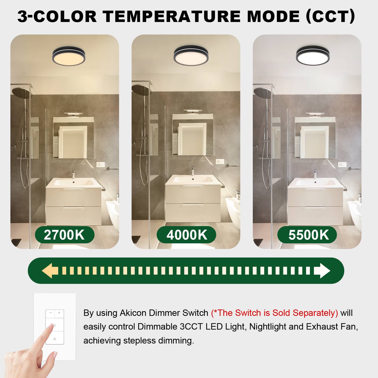 3-COLOR TEMPERATURE MODE (CCT)

2700K 4000K 5500K

By using Akicon Dimmer Switch (*The Switch is Sold Separately) will easily control Dimmable 3CCT LED Light, Nightlight and Exhaust Fan, achieving stepless dimming.