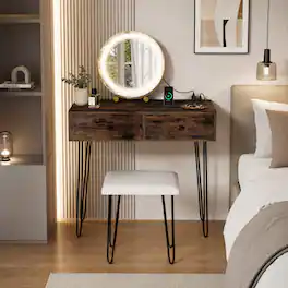 WELLFOR - Makeup Vanity Desk with LED Lighted Mirror & Charging Station, Vanity Table Set with Stool & 2 Drawers - Rustic Brown