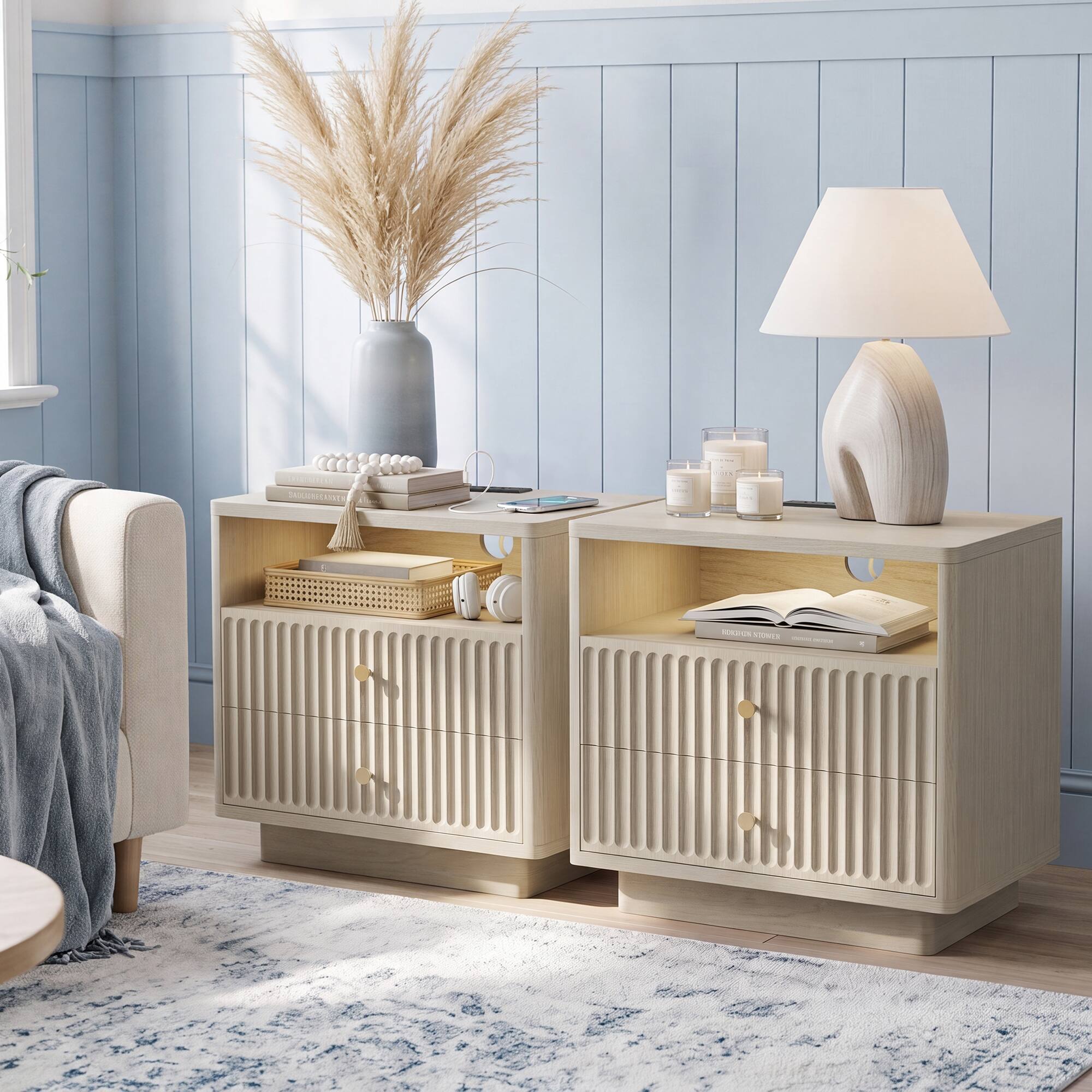 Alt View 1. paproos - 23'' Fluted Nightstand Set of 2 with Charging Station, Modern Bedside Table with Motion Sensor LED Light & 2-Drawer - Beige Gray.