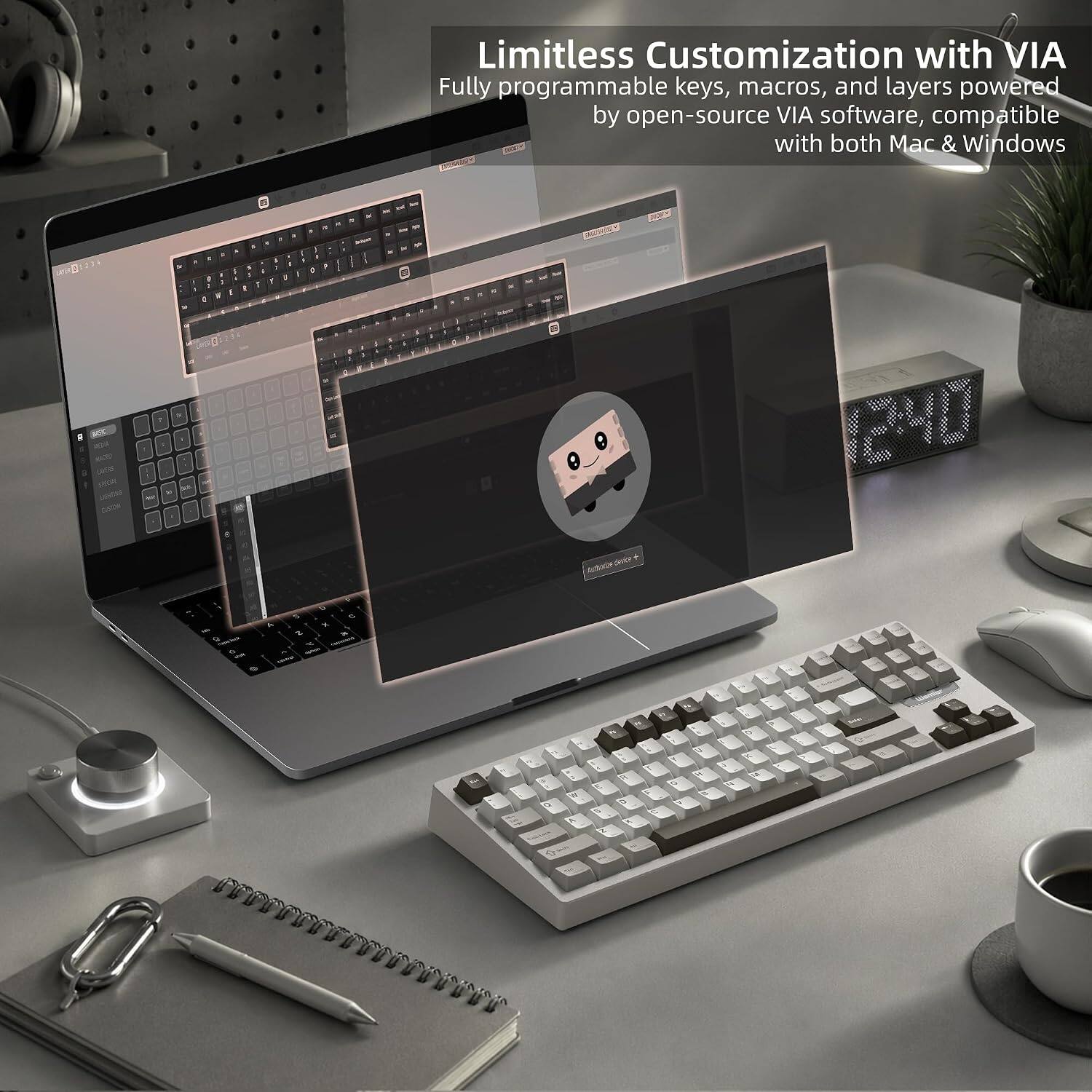 Limitless Customization with VIA  
Fully programmable keys, macros, and layers powered by open-source VIA software, compatible with both Mac & Windows