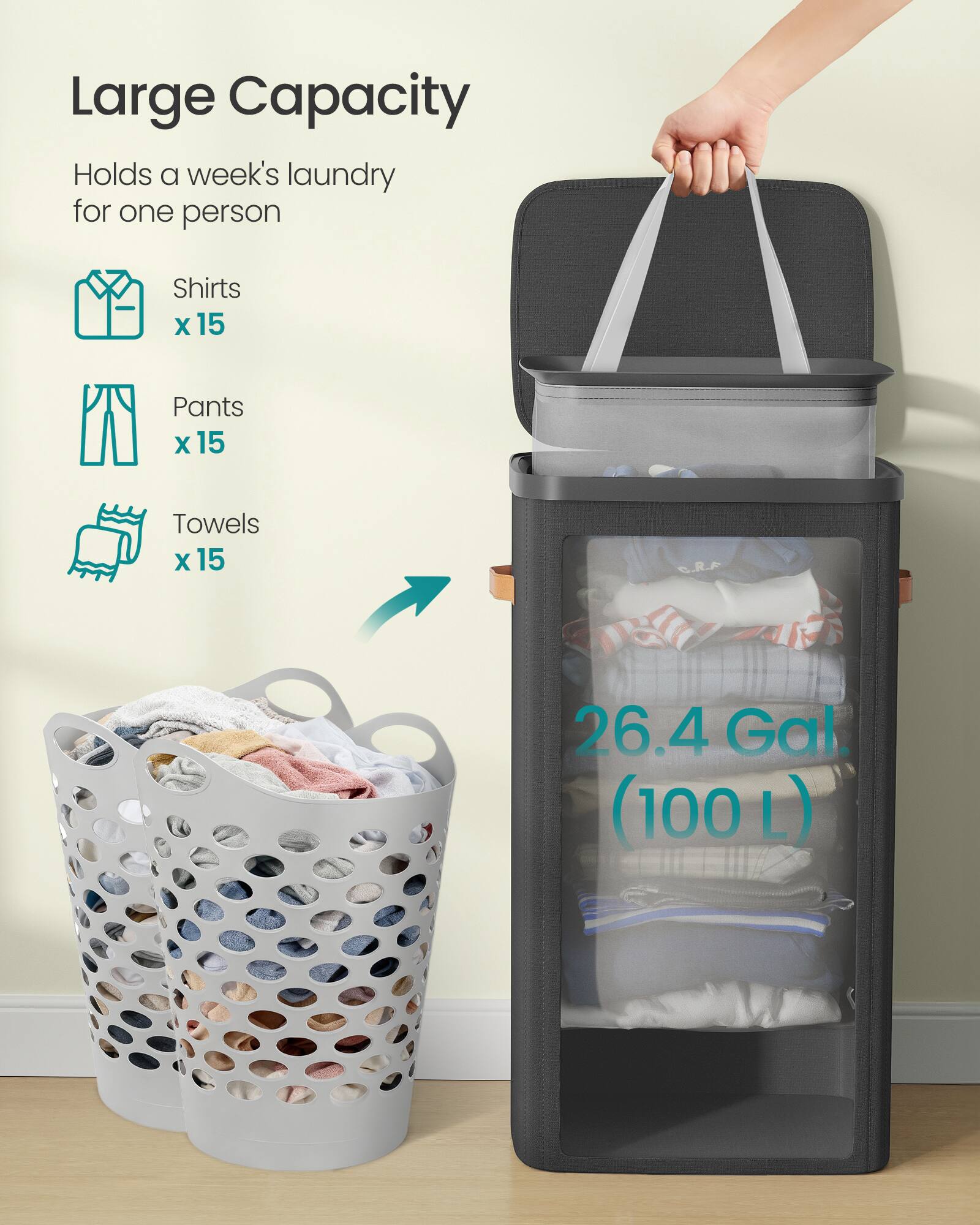 Large Capacity  
Holds a week's laundry for one person  
Shirts x 15  
Pants x 15  
Towels x 15  
26.4 Gal. (100 L)