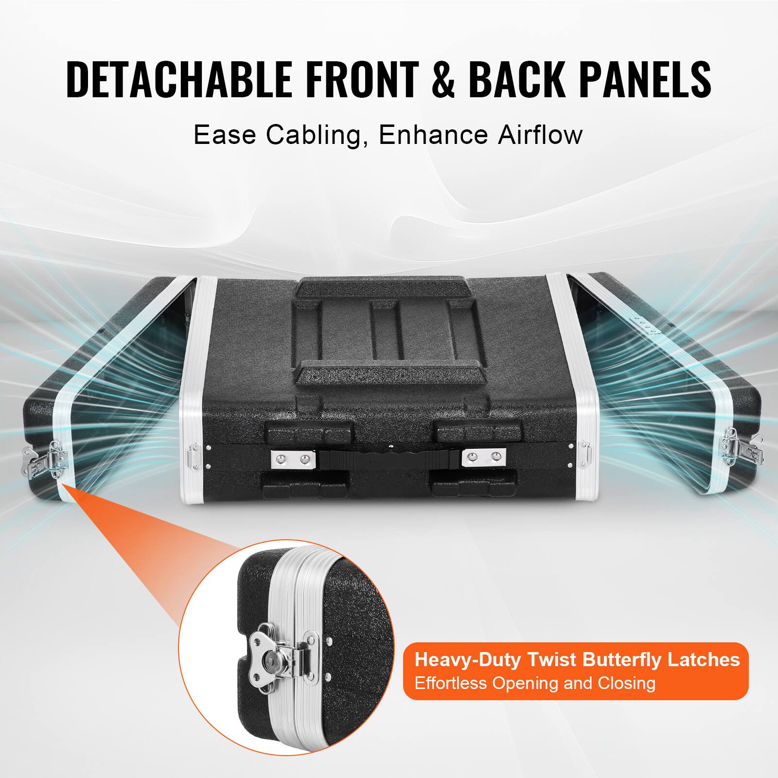 DETACHABLE FRONT & BACK PANELS  
Ease Cabling, Enhance Airflow  

Heavy-Duty Twist Butterfly Latches  
Effortless Opening and Closing