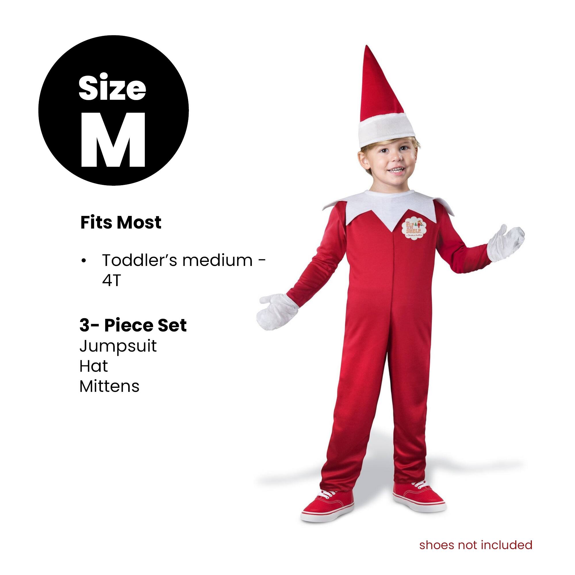 Size M  
Fits Most  
Toddler's medium - 4T  

3-Piece Set  
Jumpsuit  
Hat  
Mittens  

Shoes not included
