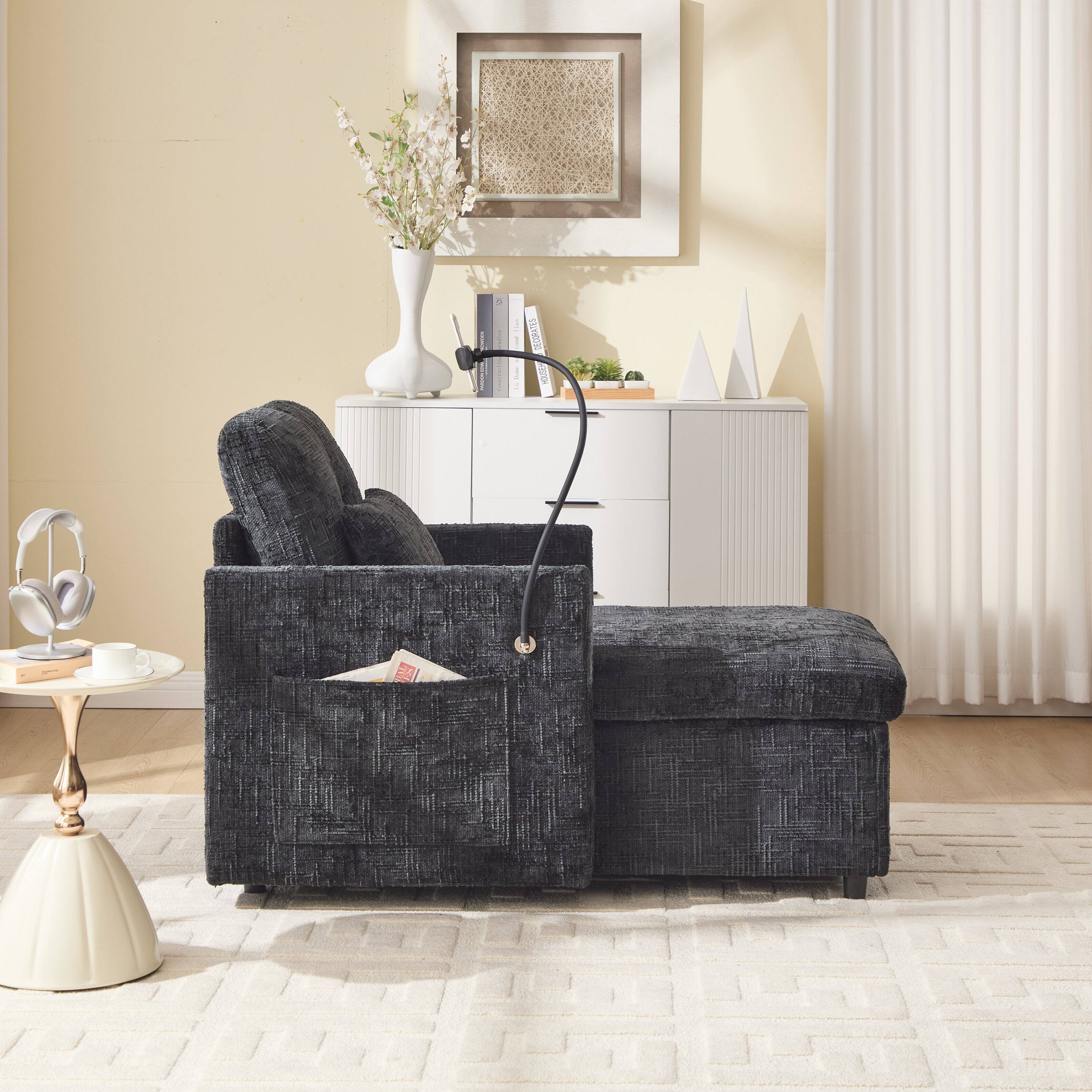 Alt View 5. Trinkets Crazed - Lazy Person Sofa Couch, Multifunctional Chenille Single Leisure Chair with Storage Backrest, Cell Phone Bracket - Black.