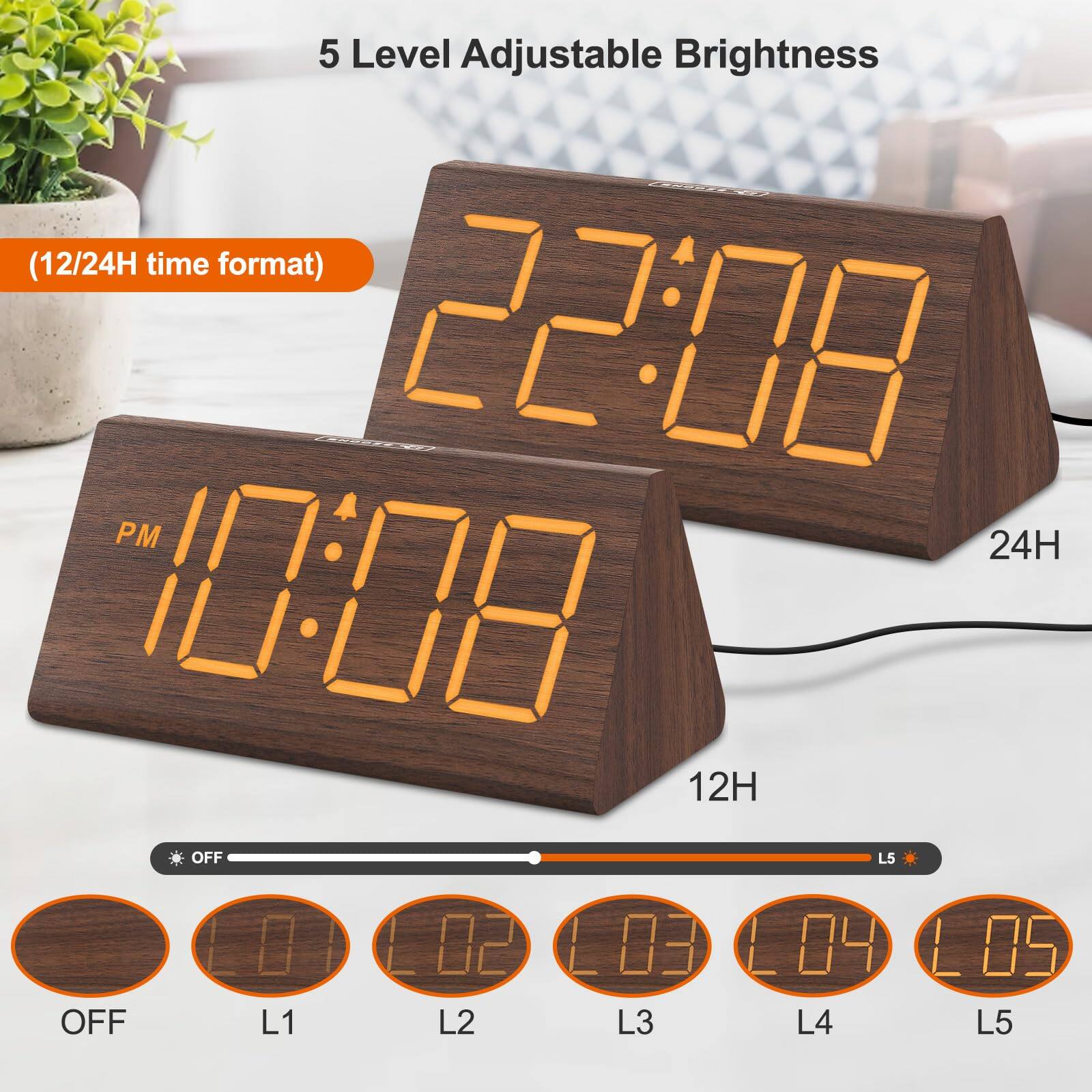 5 Level Adjustable Brightness

(12/24H time format)

22:08 24H

10:08 PM 12H

OFF L5 OFF

L1 02 L03 L2 L3 04 L4 L05 L5