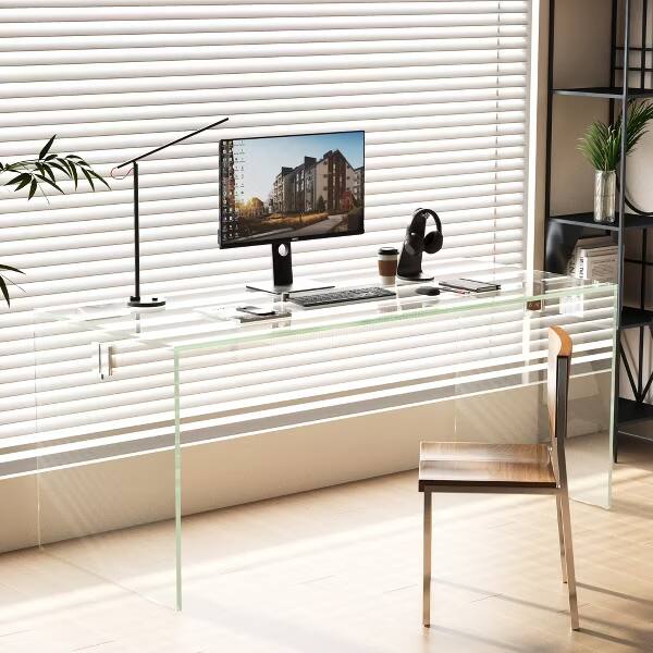 Alt View 2. luck idea - Clear Tempered Glass Computer Desk, Modern Transparent Writing Workstation with Stabilizer Bar for Home Office Gaming - white.