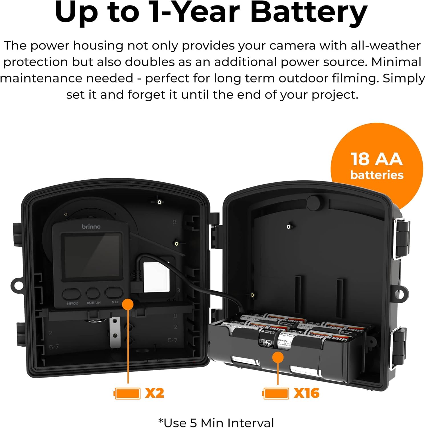 Up to 1-Year Battery

The power housing not only provides your camera with all-weather protection but also doubles as an additional power source. Minimal maintenance needed - perfect for long term outdoor filming. Simply set it and forget it until the end of your project.

18 AA batteries

*Use 5 Min Interval

X2

X16