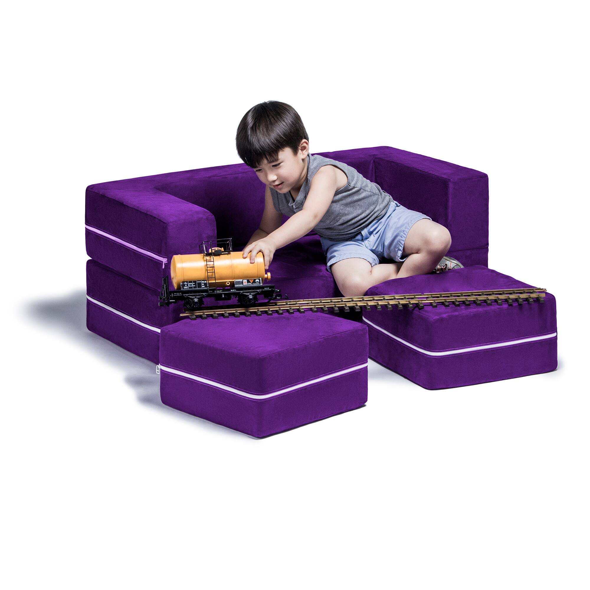 Left. Jaxx - Jaxx Zipline Kids Modular Loveseat & Ottomans/Fold Out Lounger, Grape - Grape.