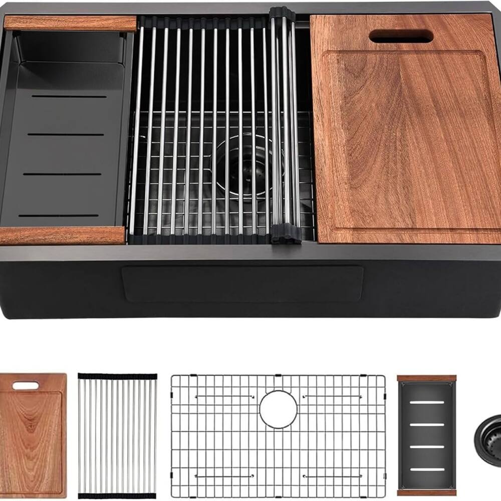 JUJABU - 32 in. L x 19 in. W Undermount Workstation Kitchen Sink with Accessories - Gunmetal Black