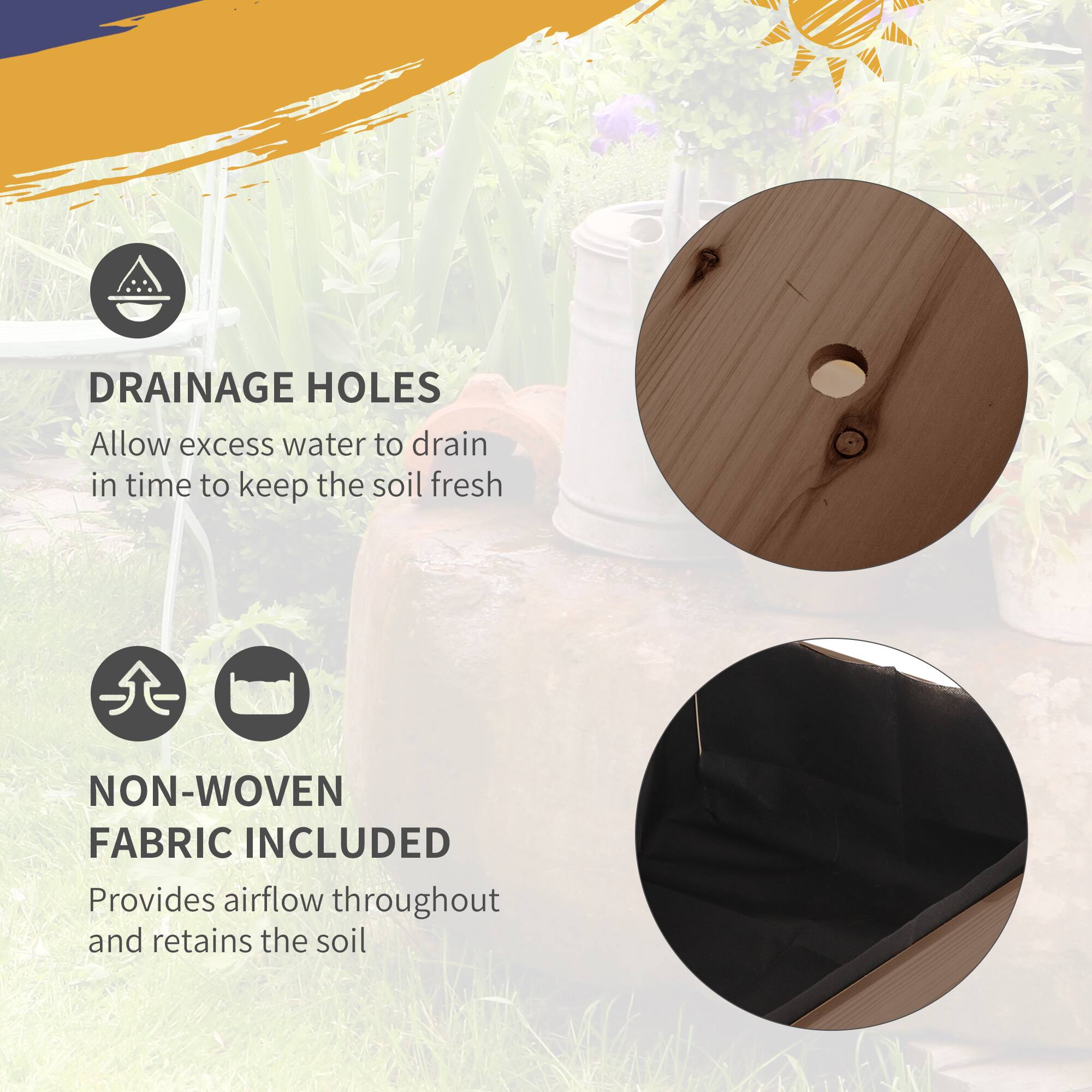 **DRAINAGE HOLES**  
Allow excess water to drain in time to keep the soil fresh

**NON-WOVEN FABRIC INCLUDED**  
Provides airflow throughout and retains the soil