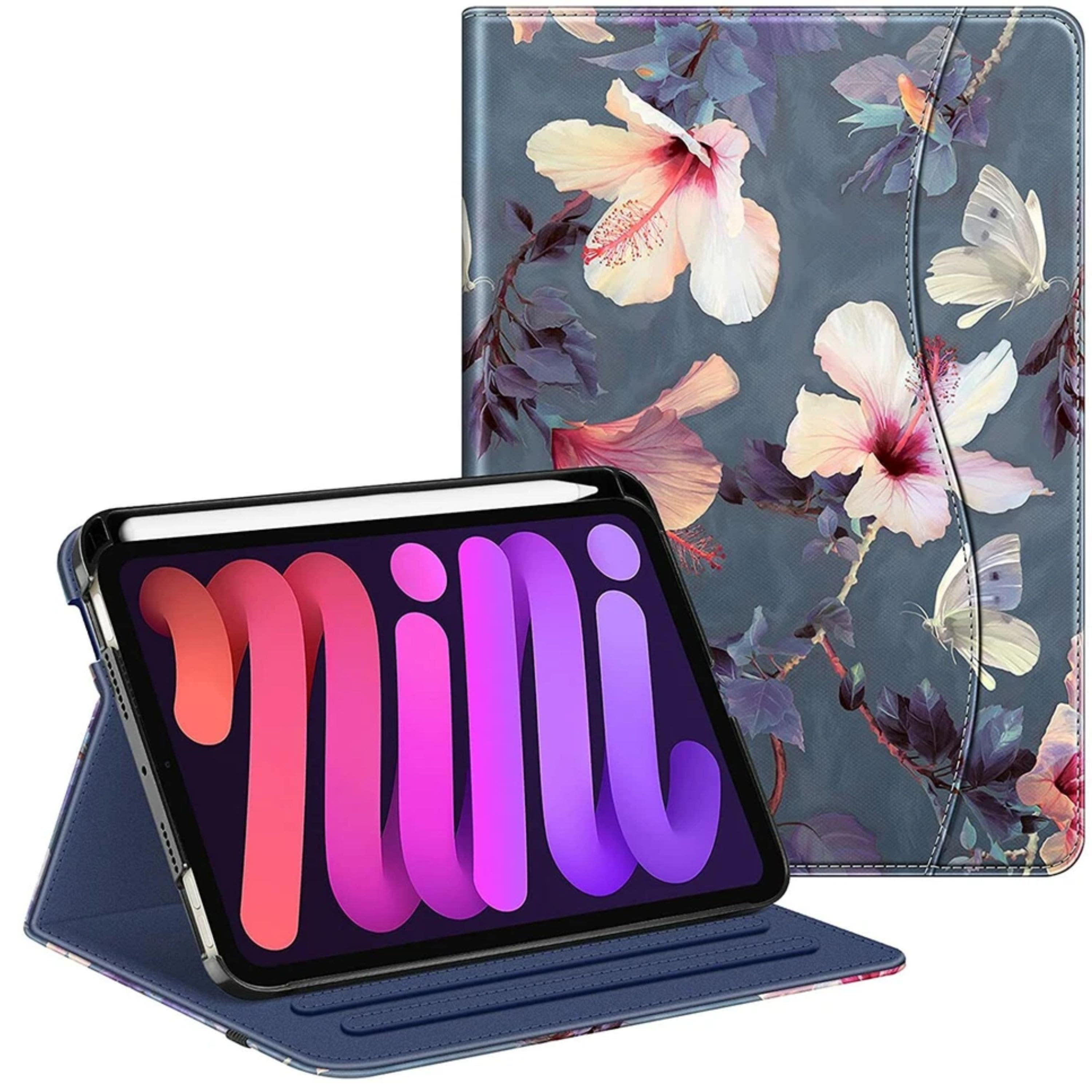 Kitcheniva - Protective Folio Case for iPad Mini 7 2024 Smart Stand Cover With Pencil Holder - Blooming Hibiscus