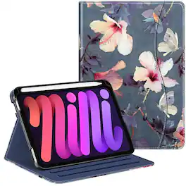 Kitcheniva - Protective Folio Case for iPad Mini 7 2024 Smart Stand Cover With Pencil Holder - Blooming Hibiscus