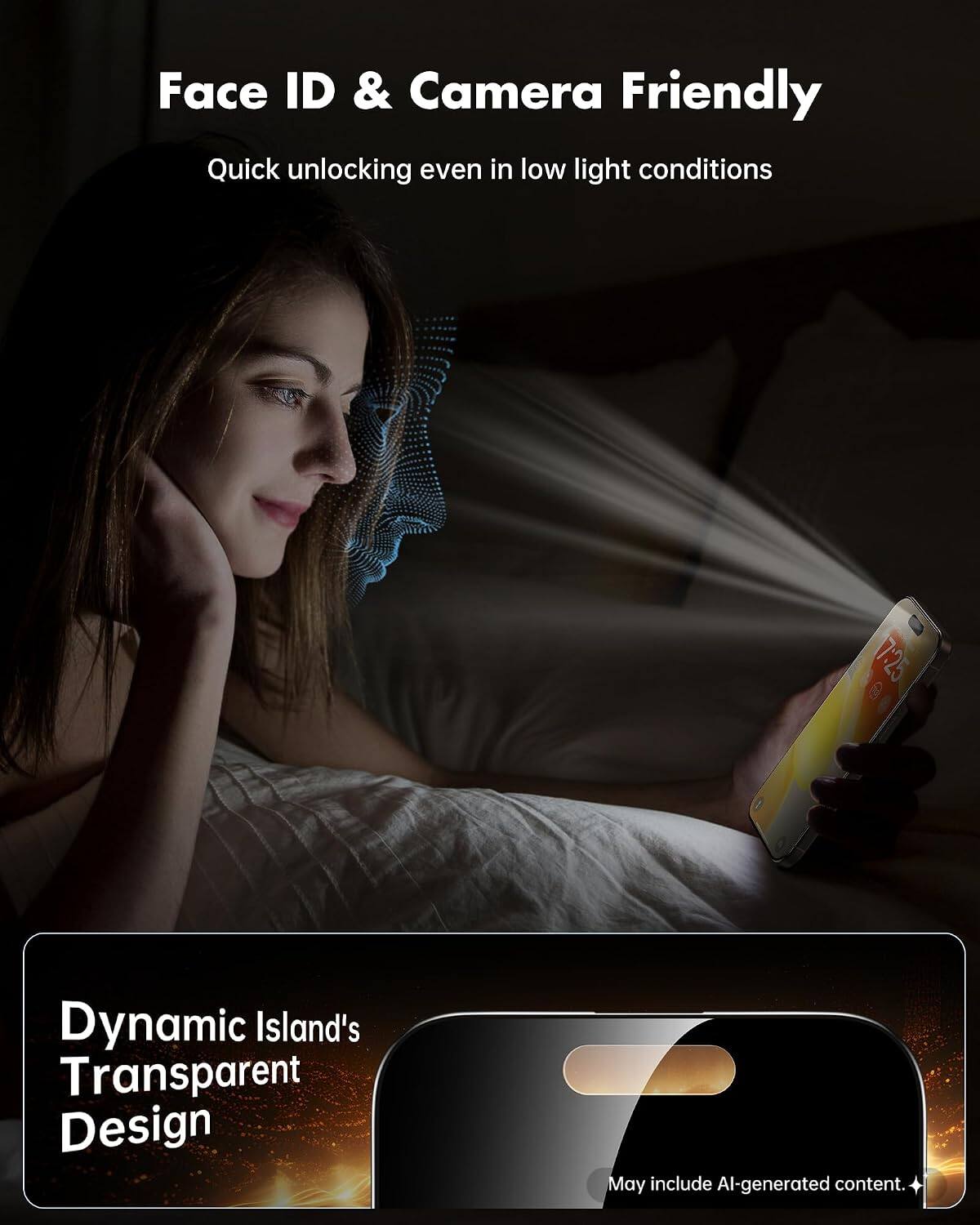 Face ID & Camera Friendly  
Quick unlocking even in low light conditions  

7:25  

Dynamic Island's Transparent Design  

May include AI-generated content.