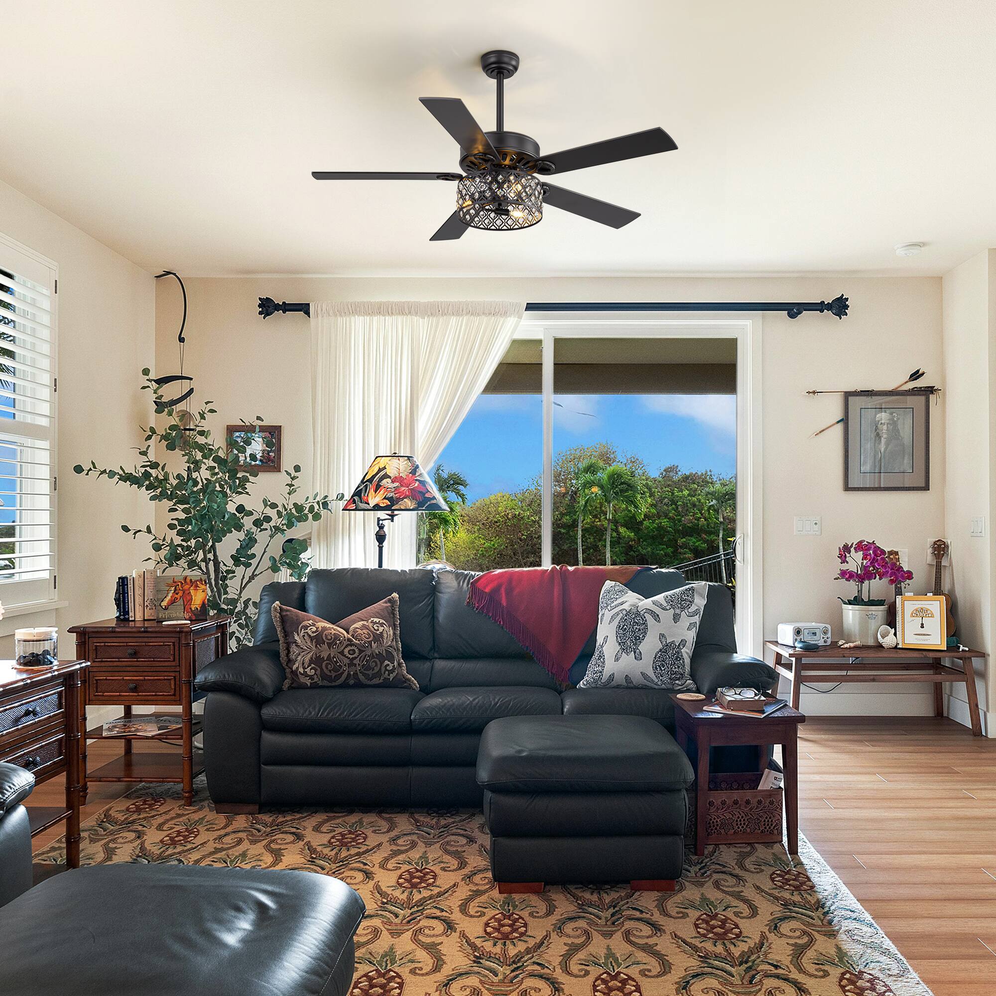 Alt View 1. Breezary - 52 Inch Ceiling Fan with Light, Crystal Drum Shade, 5 Dual-Finish Blades, Remote, 5&10 Inch Downrods - matte black and walnut.