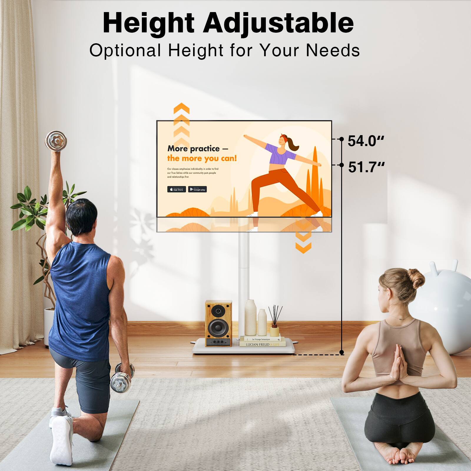 Height Adjustable  
Optional Height for Your Needs

More practice - the more you can!  
- exphosin advitality -  
- he Me IN community per people and widlundhgs w

54.0" 51.7"

INCON - 25g

... use - LUCIAN FREUD N LATE