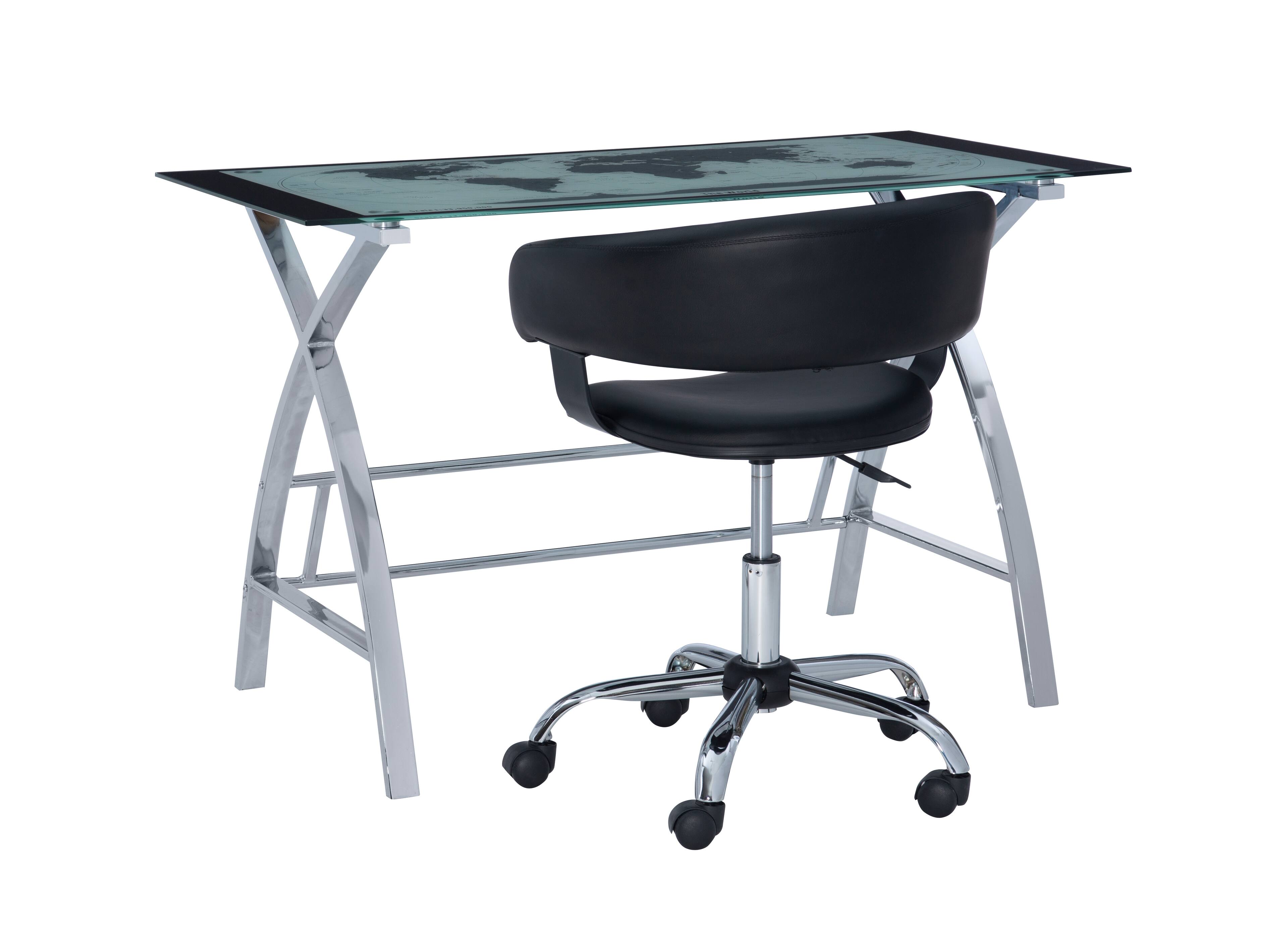 Front. Linon Home Décor - Walton Map Printed Glass Desk Set With Faux Leather Gas Lift Chair - Black & Chrome.