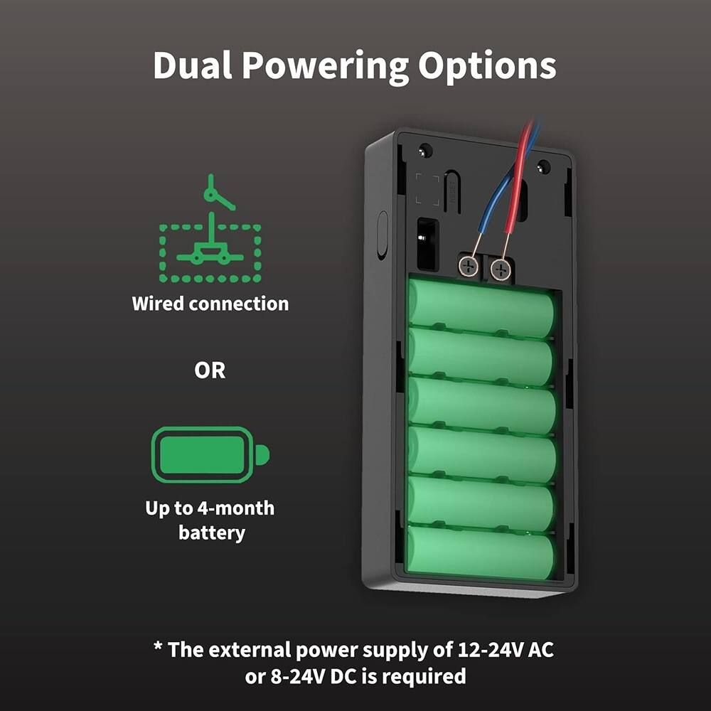 Dual Powering Options

- Wired connection
- OR
- Up to 4-month battery

* The external power supply of 12-24V AC or 8-24V DC is required