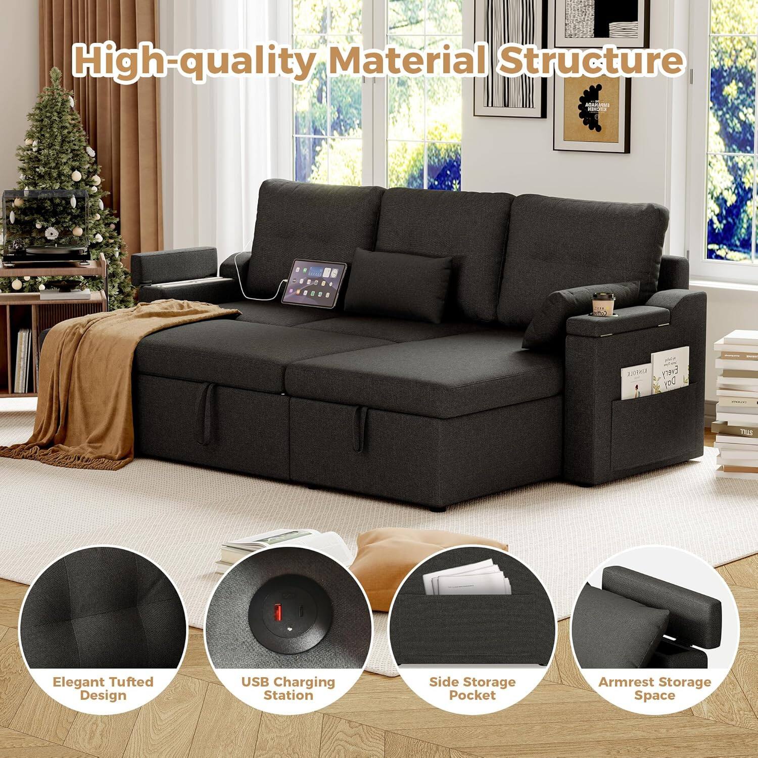 High-quality Material Structure

Every Day TES

Elegant Tufted Design

USB Charging Station

Side Storage Pocket

Armrest Storage Space