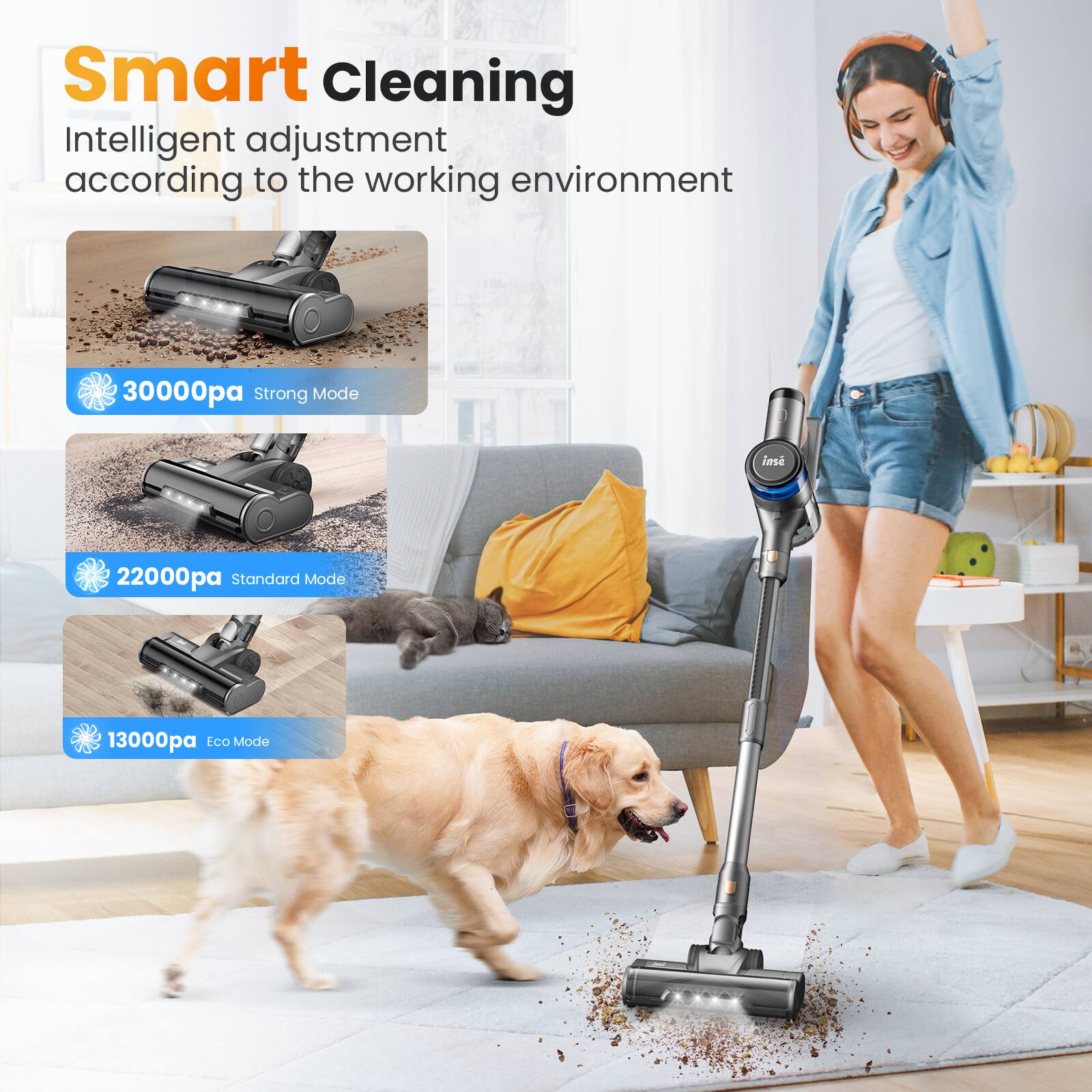 Smart Cleaning  
Intelligent adjustment according to the working environment  

30000pa Strong Mode  
22000pa Standard Mode  
13000pa Eco Mode