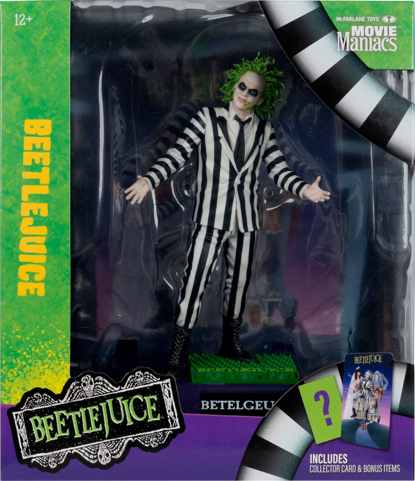 Beetlejuice is a collectible figure from the movie Maniacs. The figure is made by McFarlane Toys and comes with a collector card and bonus items.