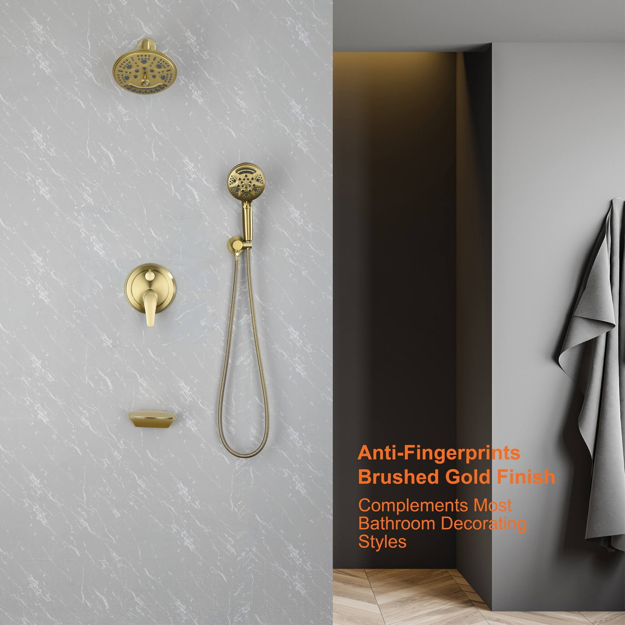 Anti-Fingerprints  
Brushed Gold Finish  
Complements Most Bathroom Decorating Styles