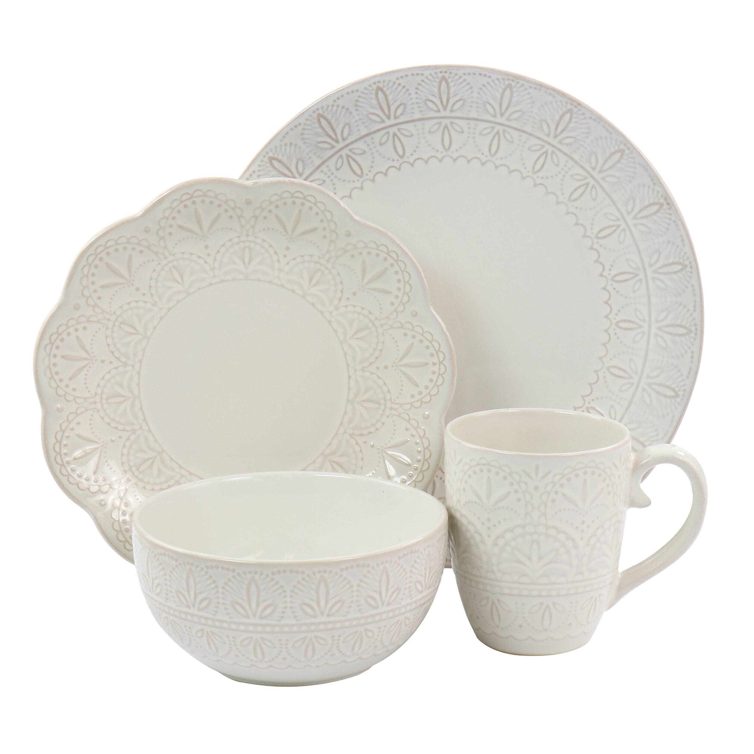 Alt View 1. Elama - Elama White Lace 16 Piece Luxurious Stoneware Dinnerware with Complete Setting for 4 - White.