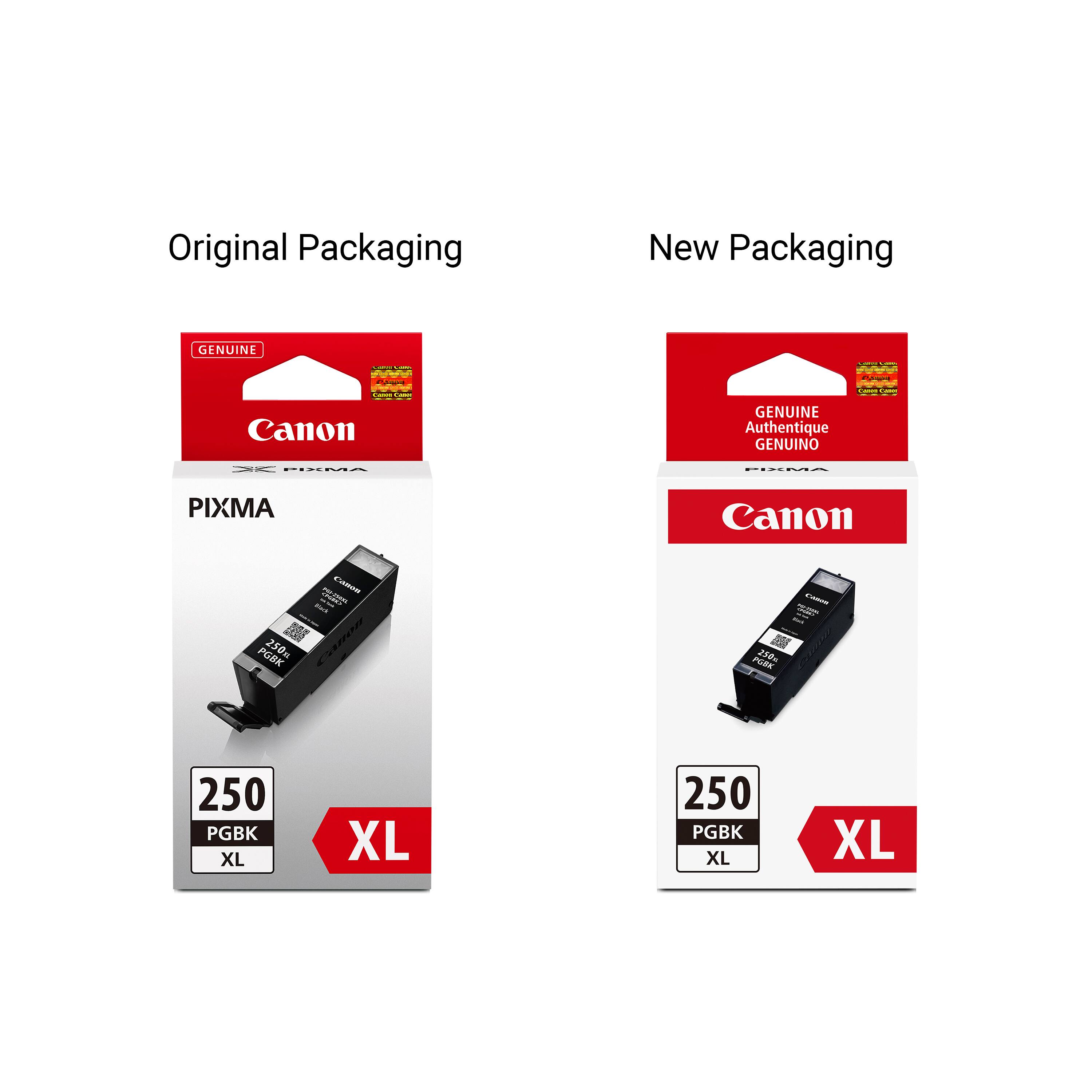 Original Packaging  
New Packaging  
GENUINE  
Canon  
GENUINE Authentique GENUINO  
PIXMA  
Canon  
Canon PGGBK 250g  
250 PGGBK XL  
XL