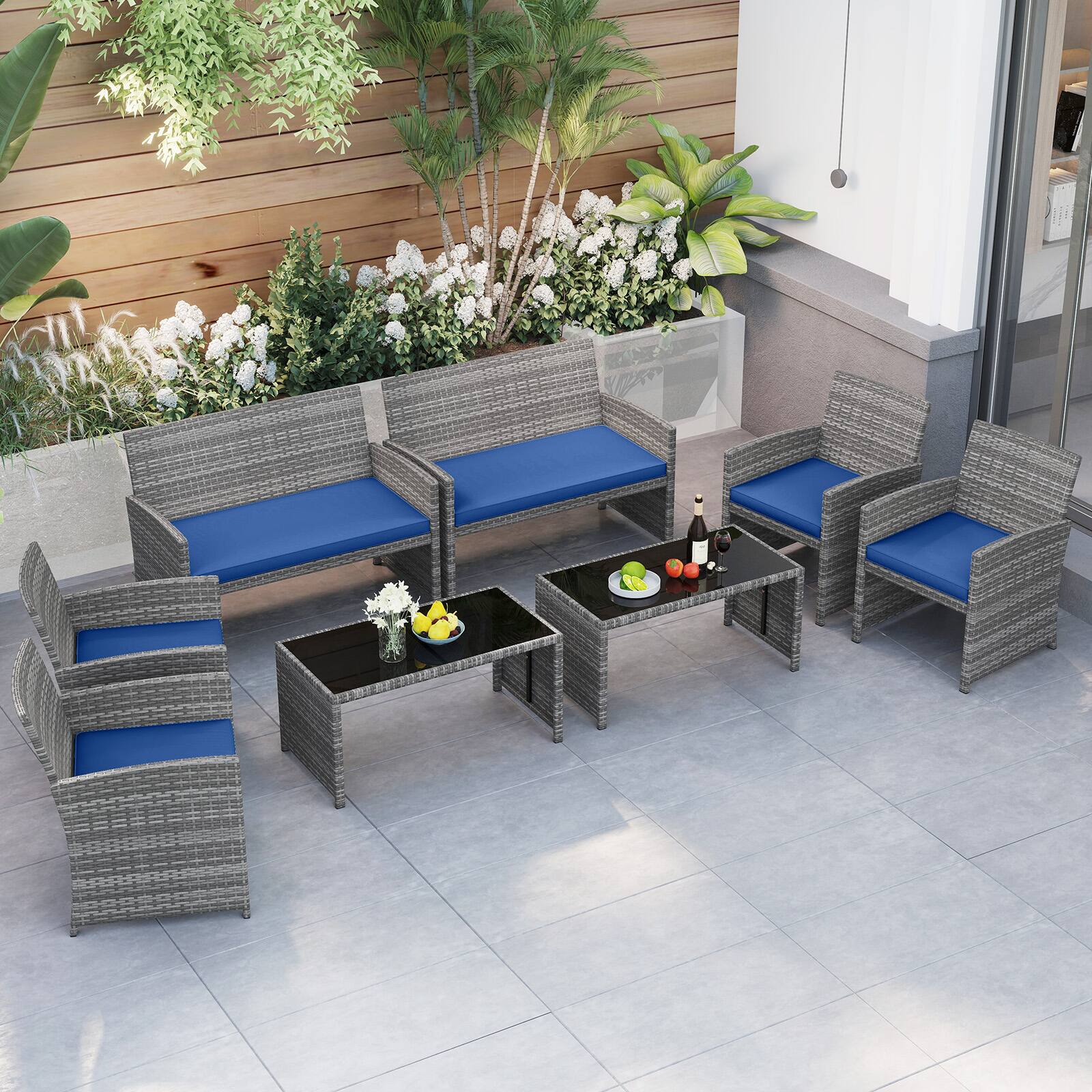 Alt View 1. Gymax - Gymax 8 Piece Patio Furniture Set Outdoor Wicker Conversation Set w/ Tempered Glass Coffee Table Navy - Blue.