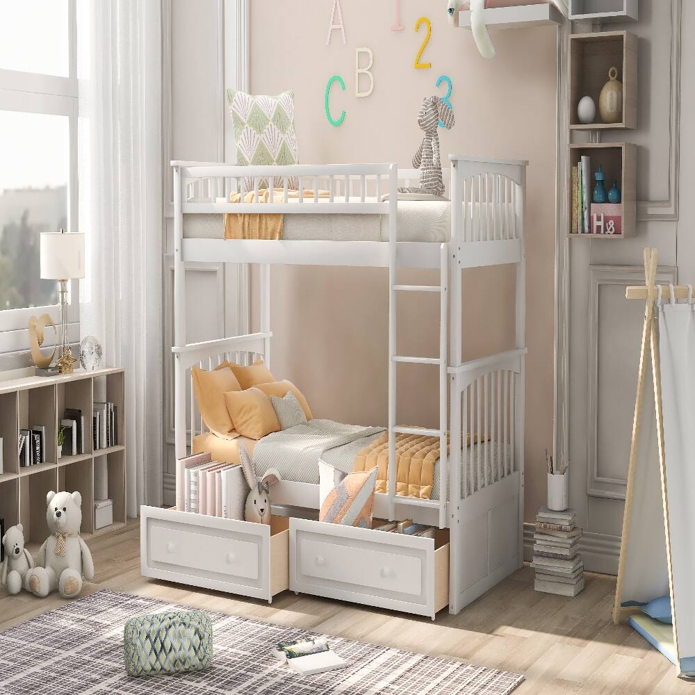 Back. Loheer - Loheer Twin Over Twin Bunk Bed with Drawers, Convertible Solid Wood White Bunk Bed - White.
