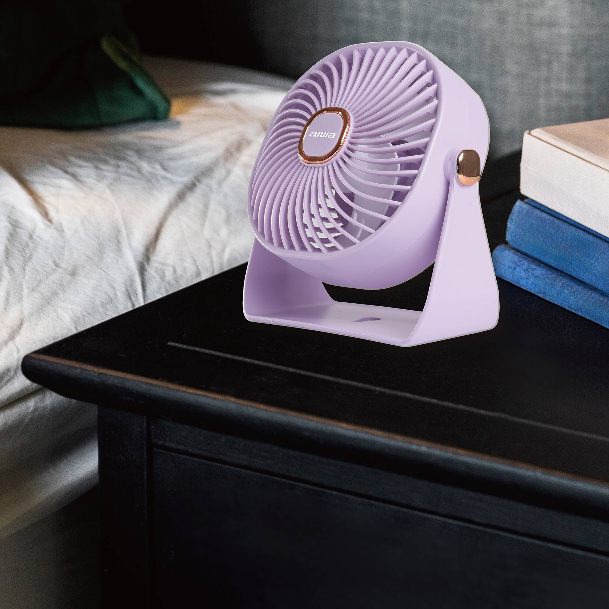 Alt View 1. Aiwa - Aiwa 4-Inch USB-C Rechargeable Desk Fan, 3-Speed Portable Mini Fan with 270° Adjustable Head, Quiet Operation - Violet.