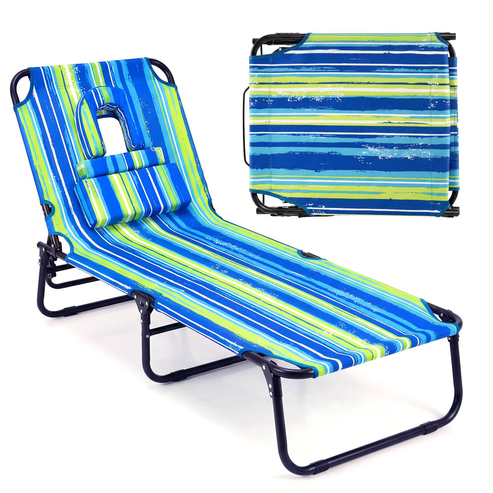 Alt View 9. Gymax - Gymax 2PCS Folding Beach Sun Lounger w/Face Hole Removable Pillows 4-Position Backrest Blue Stripe - Green.