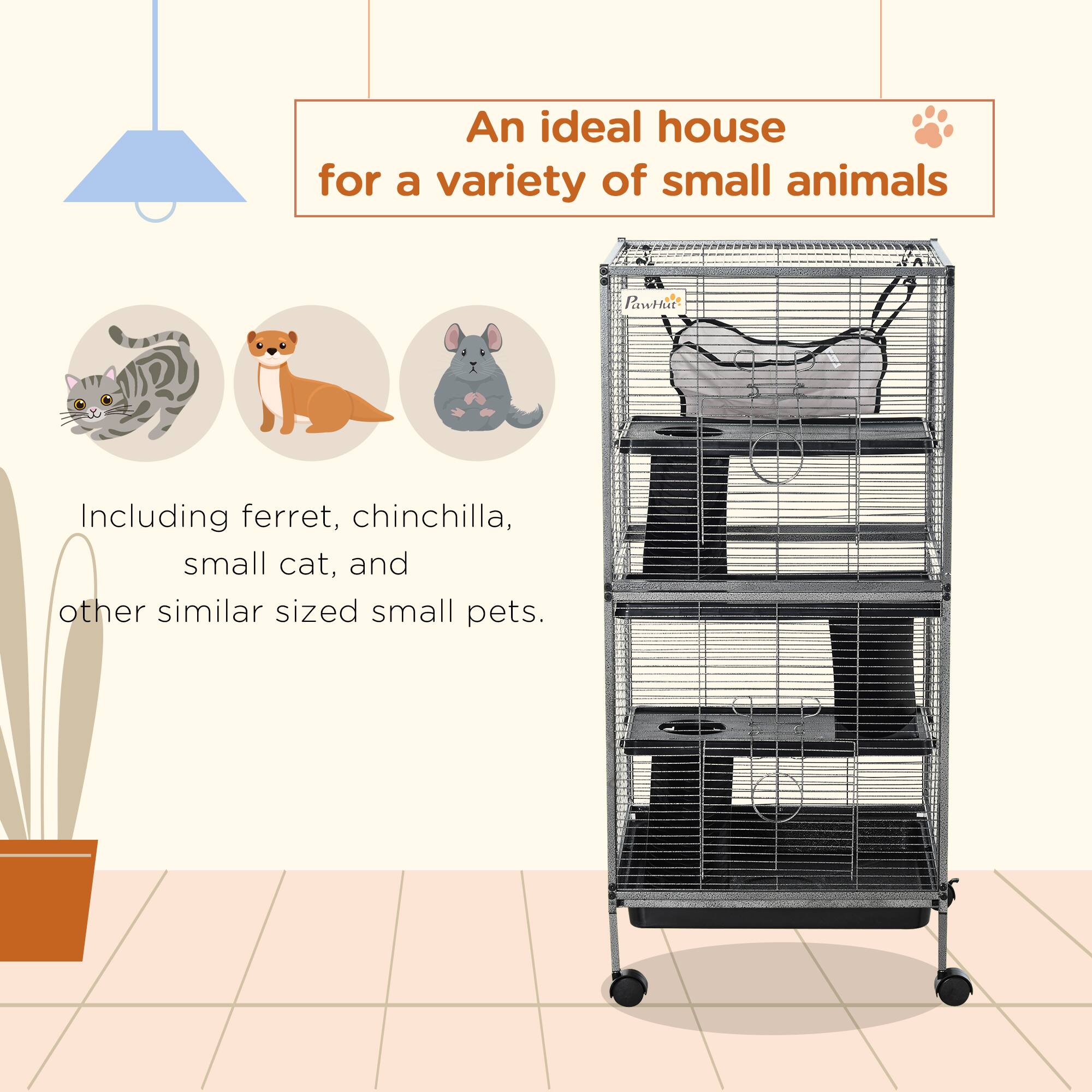 An ideal house for a variety of small animals

Including ferret, chinchilla, small cat, and other similar sized small pets.